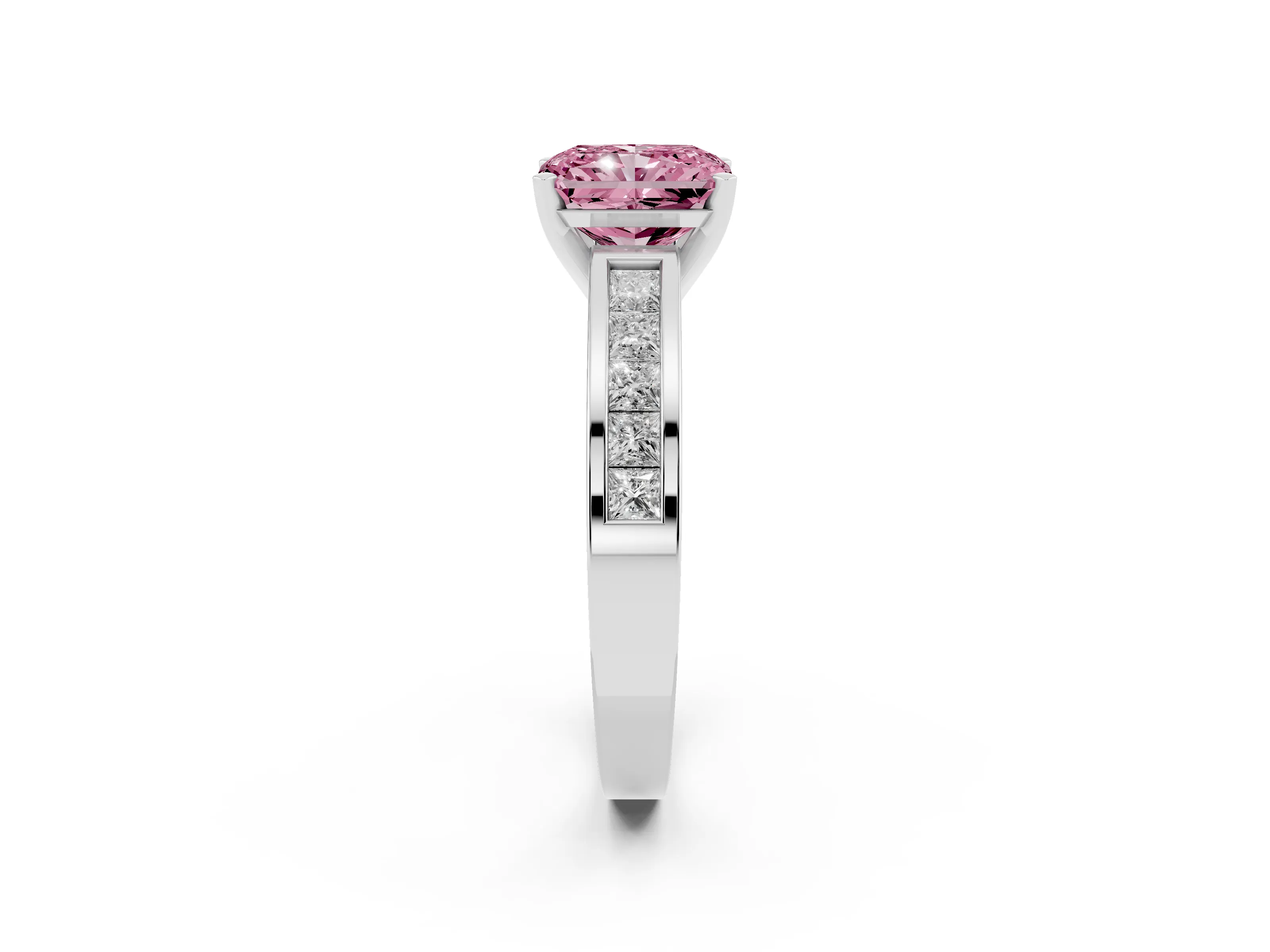 Fancy Pink Radiant Cut Diamond Solitaire Ring Set in White gold with Channel-Set Band and Prong Setting