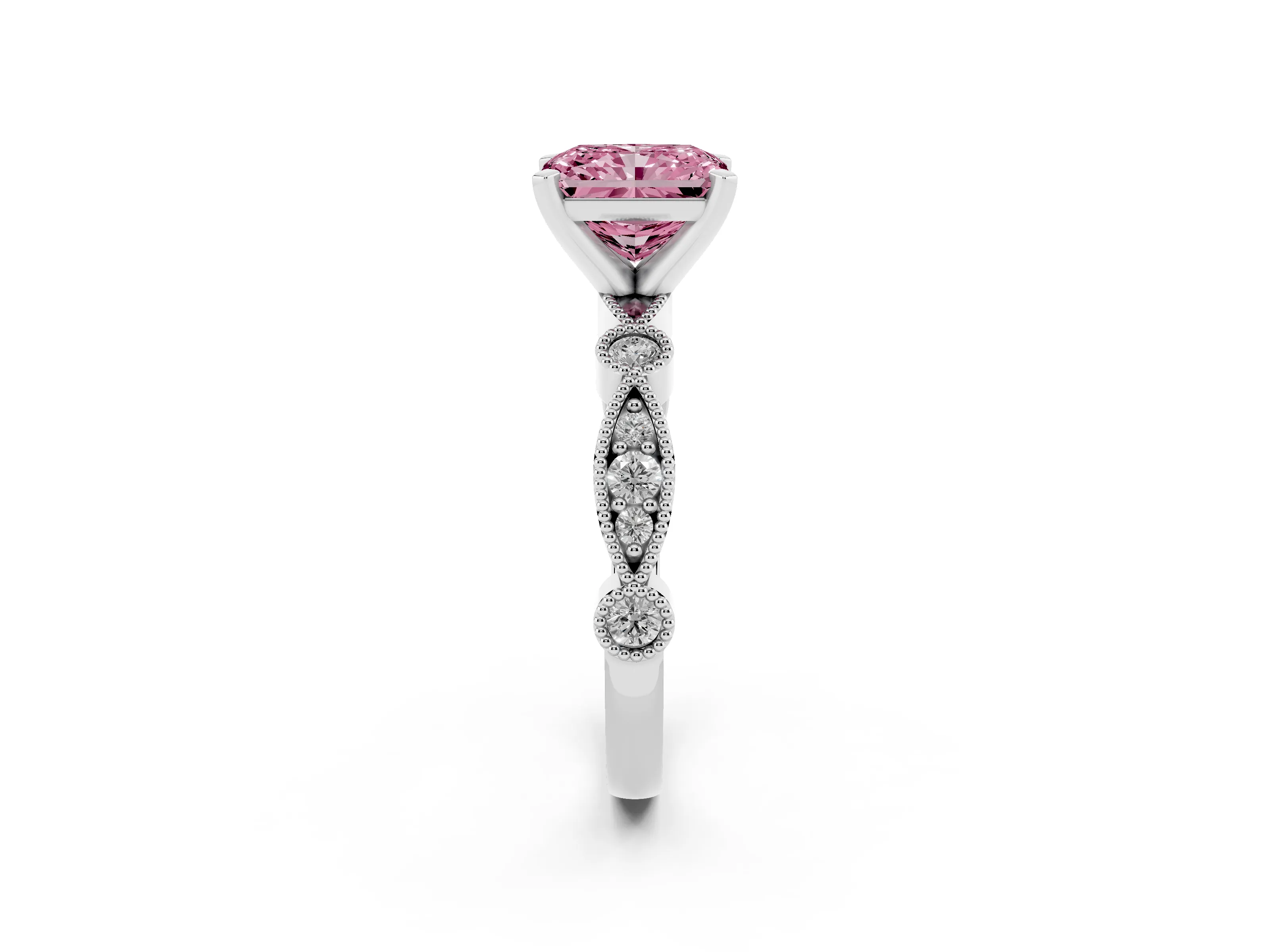 Fancy Pink Radiant Cut Diamond Solitaire Engagement Ring Set in White gold with Milgrain Bezel Accent Band