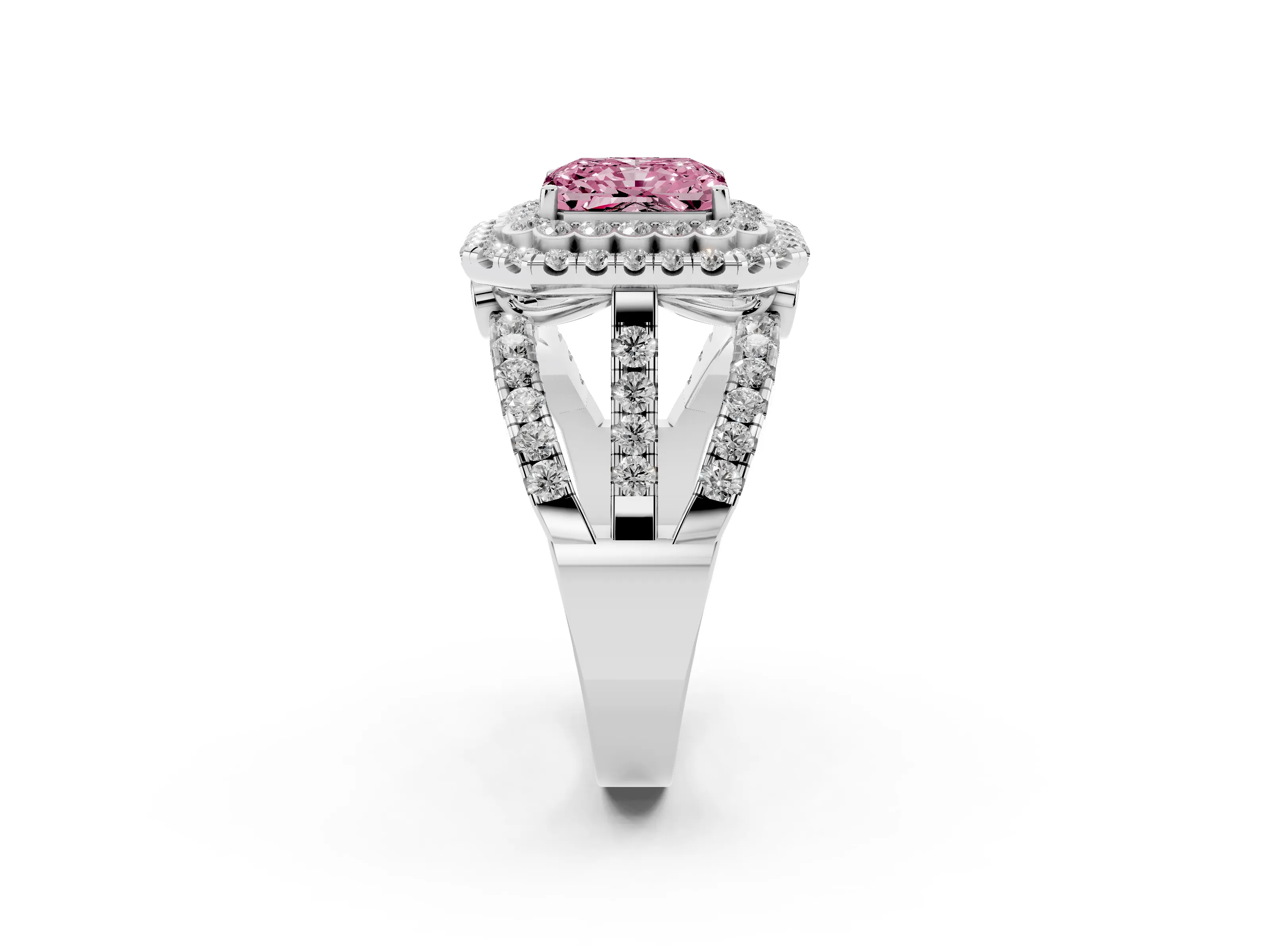 Fancy Pink Radiant Cut Diamond Double Halo Ring Set in White gold with Round Pavé Split Shank