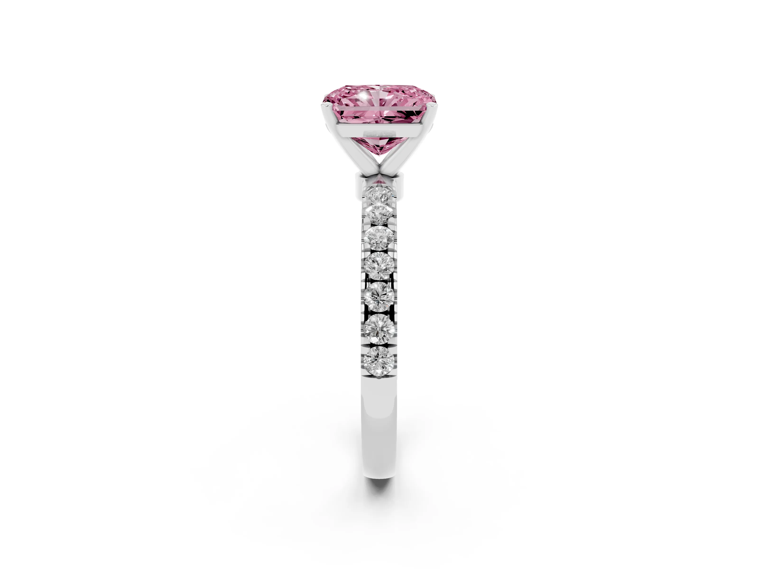 Fancy Pink Radiant Cut Diamond Solitaire Ring Set in Silver with Pavé Accents and Prong Setting