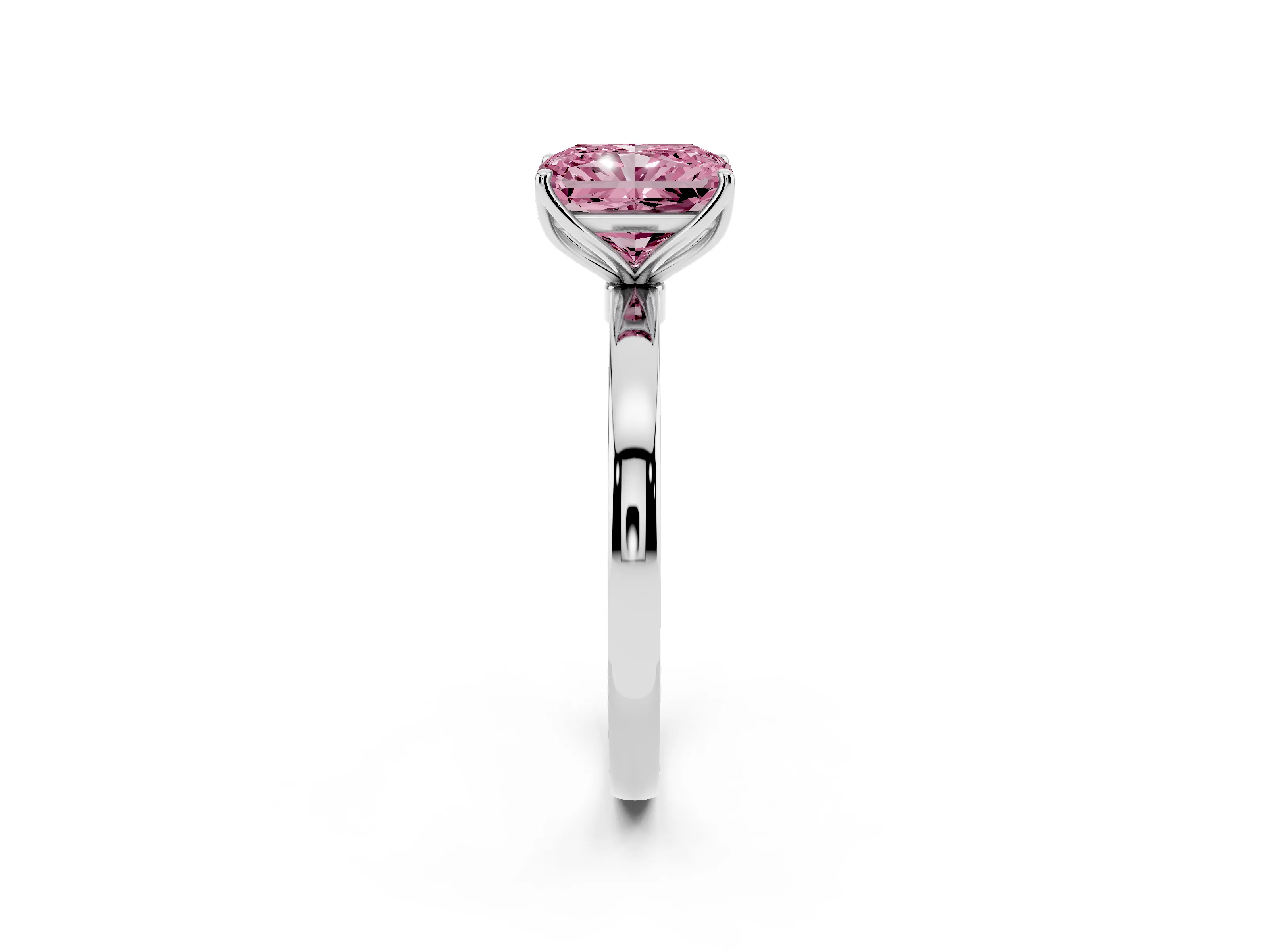 Fancy Pink Radiant Cut Diamond Solitaire Ring Set in White gold with Prong Setting and Thin Polished Band