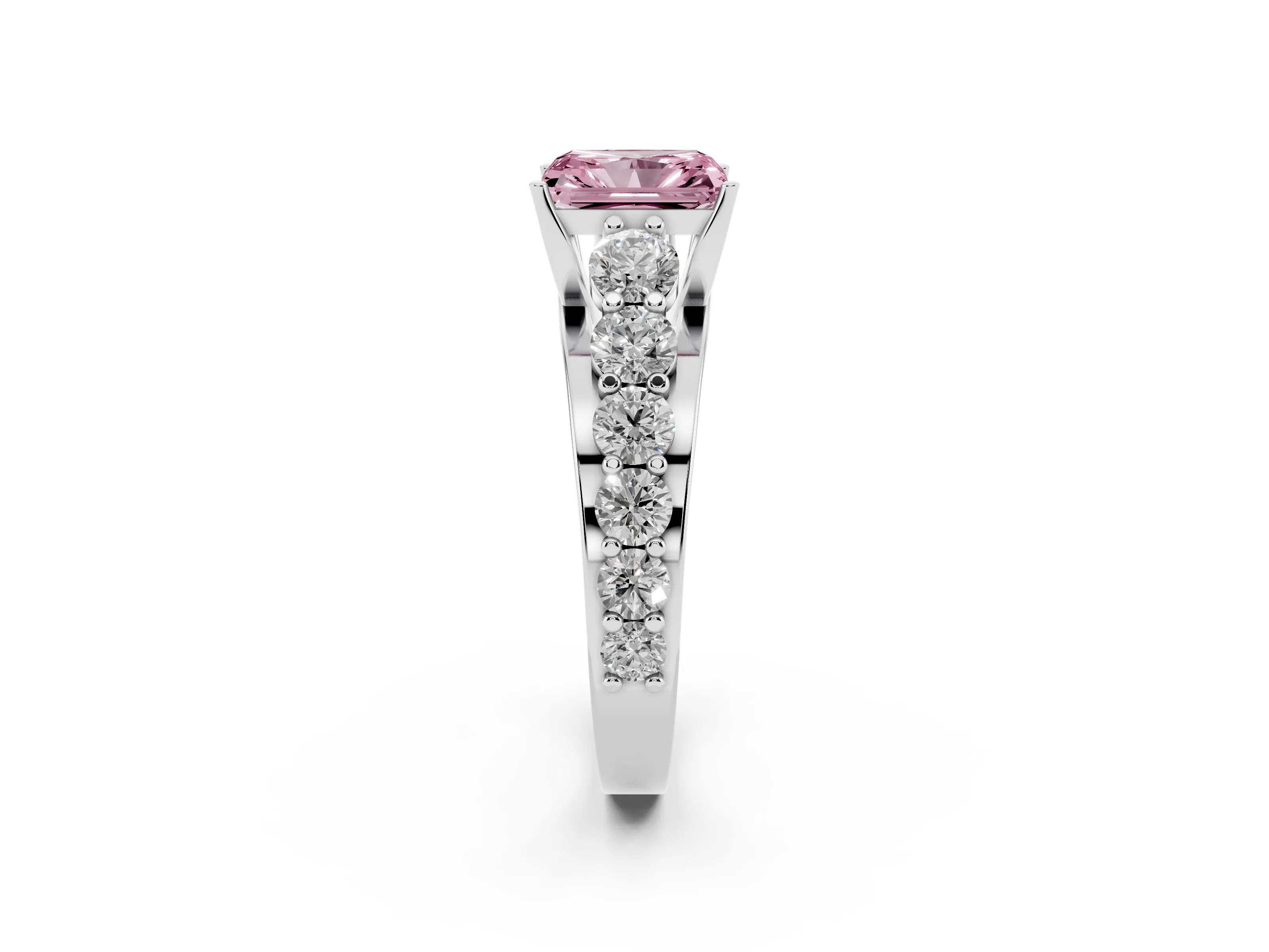 Fancy Pink Radiant Cut Diamond Pavé Engagement Ring Set in White gold with Prong Setting