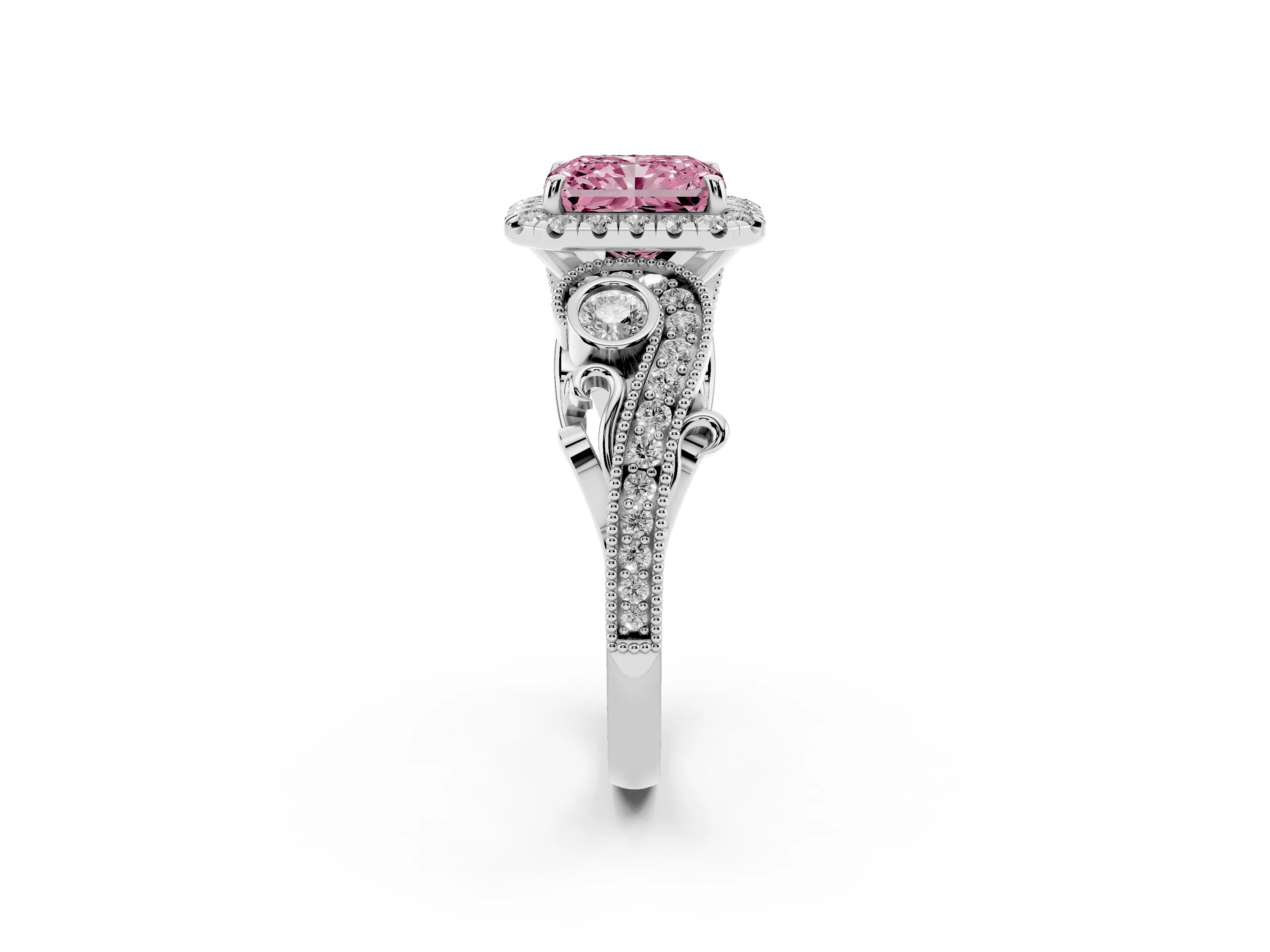 Fancy Pink Radiant Cut Diamond Halo Ring Set in Platinum with Milgrain Pavé Band and Prong Setting
