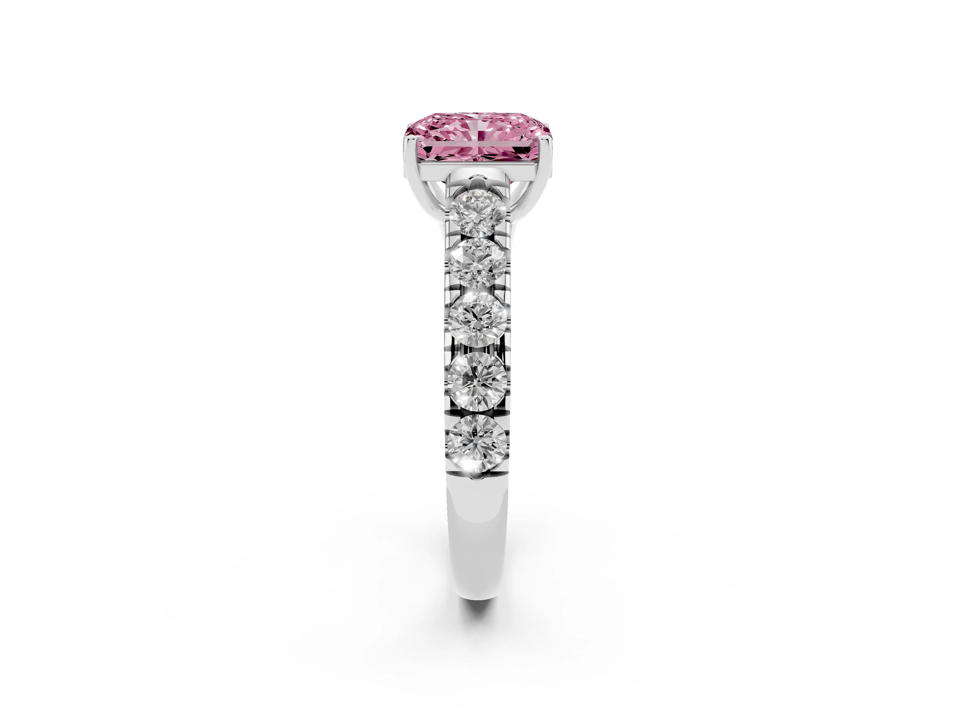 Fancy Pink Radiant Cut Diamond Solitaire Ring Set in Platinum with Cut-Down Micro Pavé Band and Prong Setting