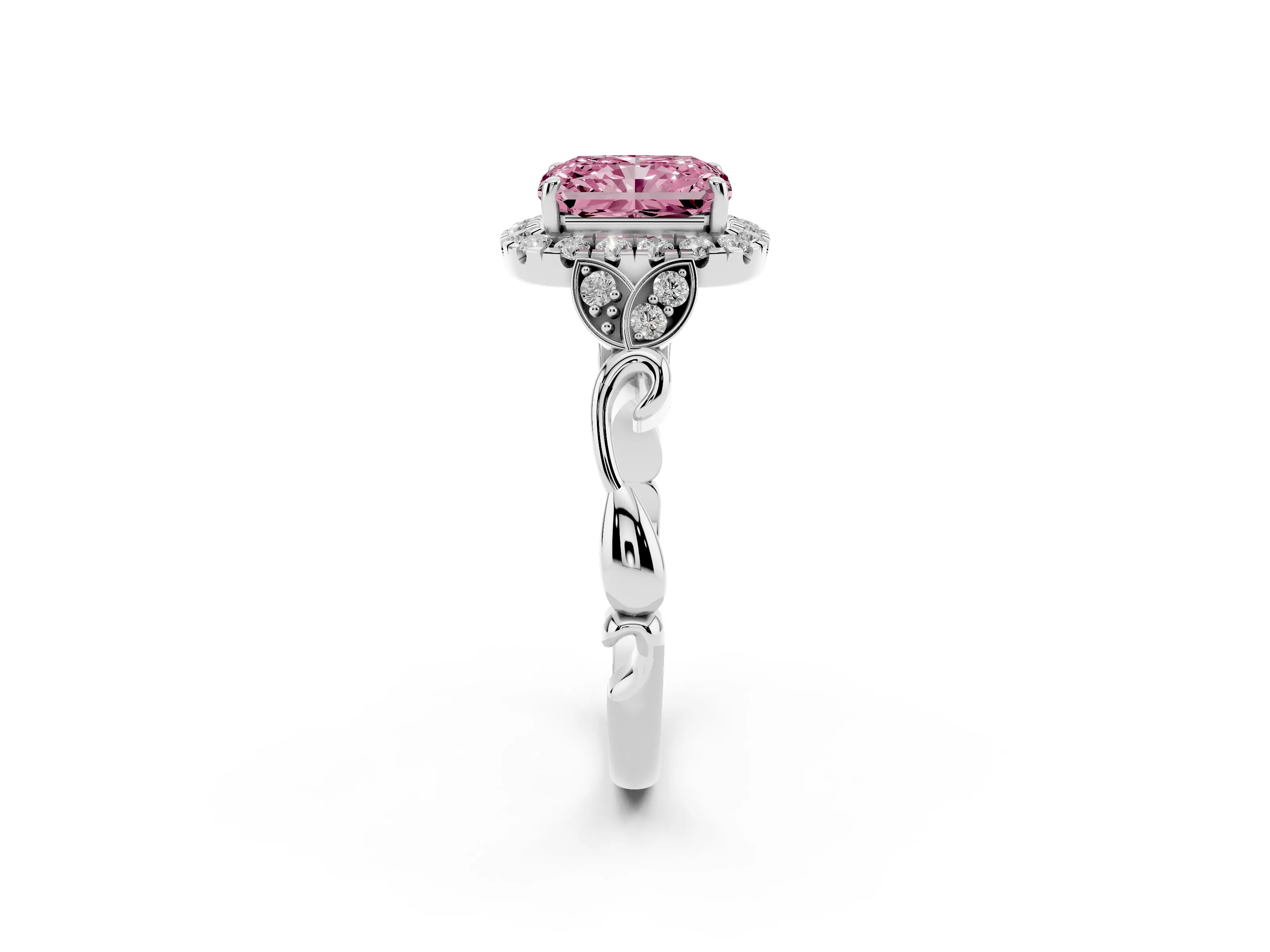 Fancy Pink Radiant Cut Diamond Halo Engagement Ring Set in White gold with Vintage-Inspired Band and Prong Setting