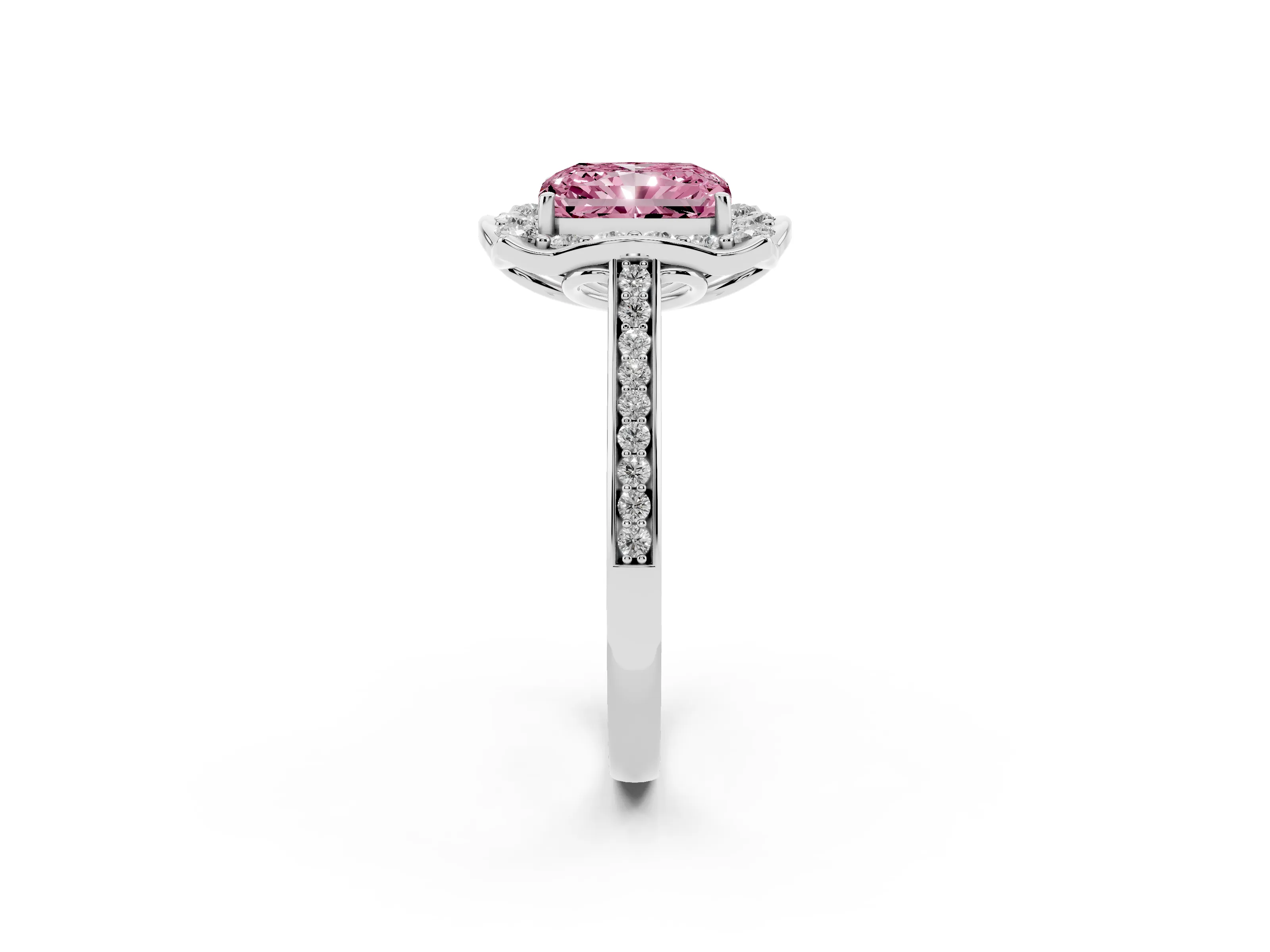 Fancy Pink Radiant Cut Diamond Halo Ring Set in Platinum with Pavé-Lined Shoulders and Prong Setting