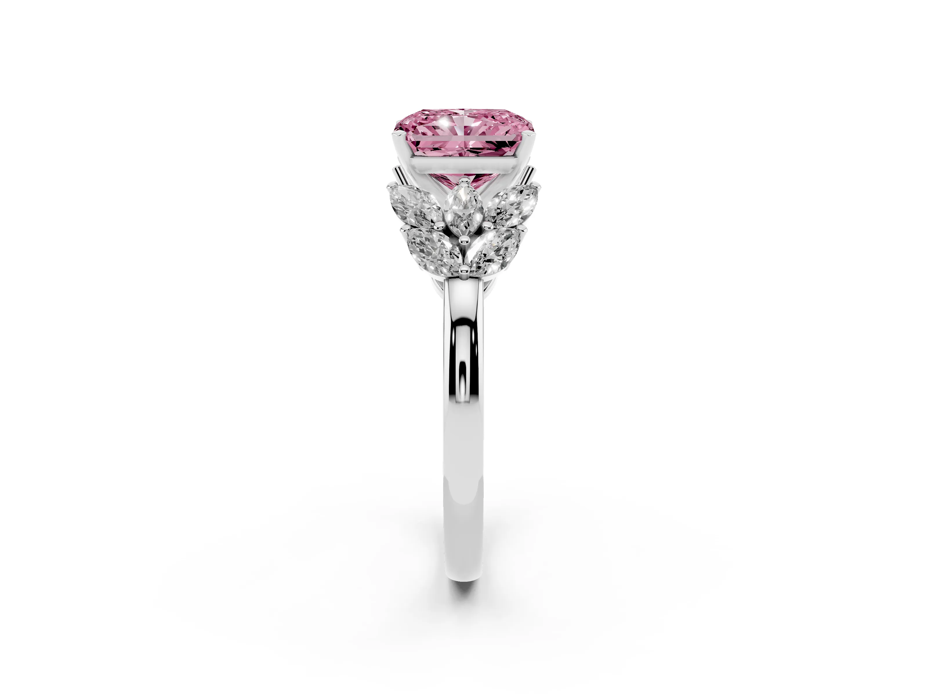 Fancy Pink Radiant Cut Diamond Cluster Leaf Design Ring Set in White gold with Prong Setting