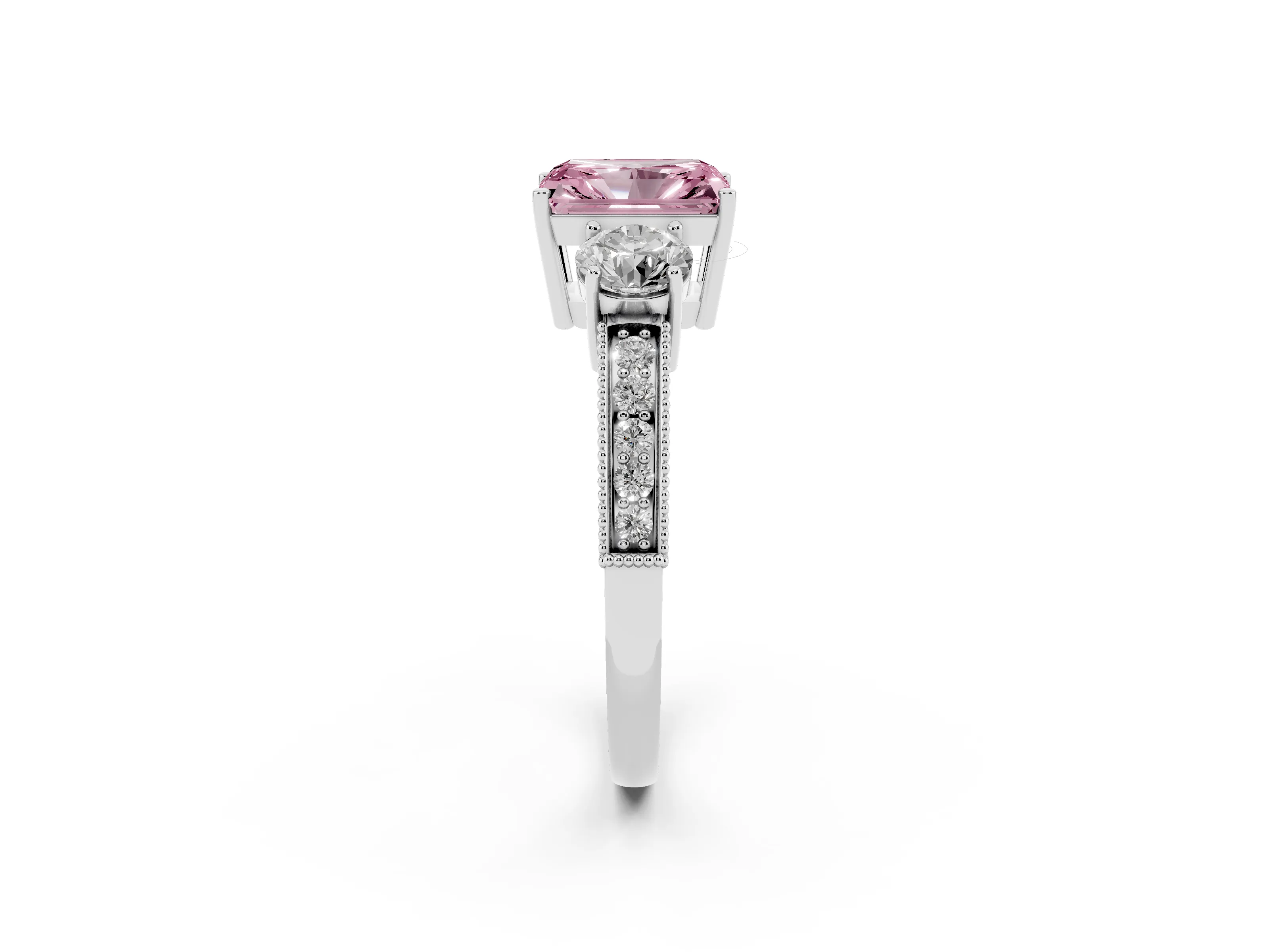 Fancy Pink Radiant Cut Diamond Three-Stone Ring Set in Platinum with Round Side Stones and Pavé Band