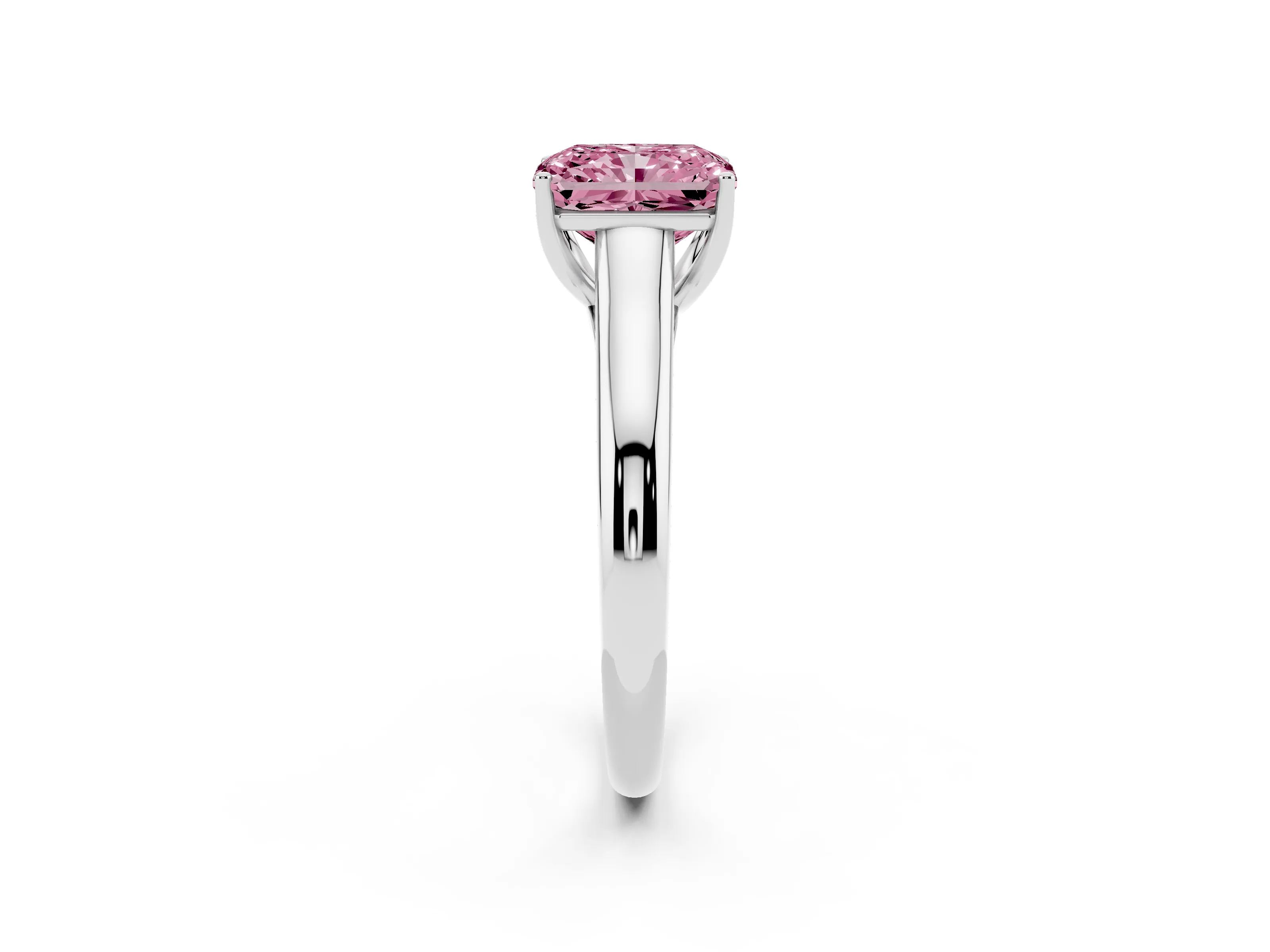 Fancy Pink Radiant Cut Diamond Solitaire Engagement Ring Set in White gold with Subtly Tapered Band and Prong Setting