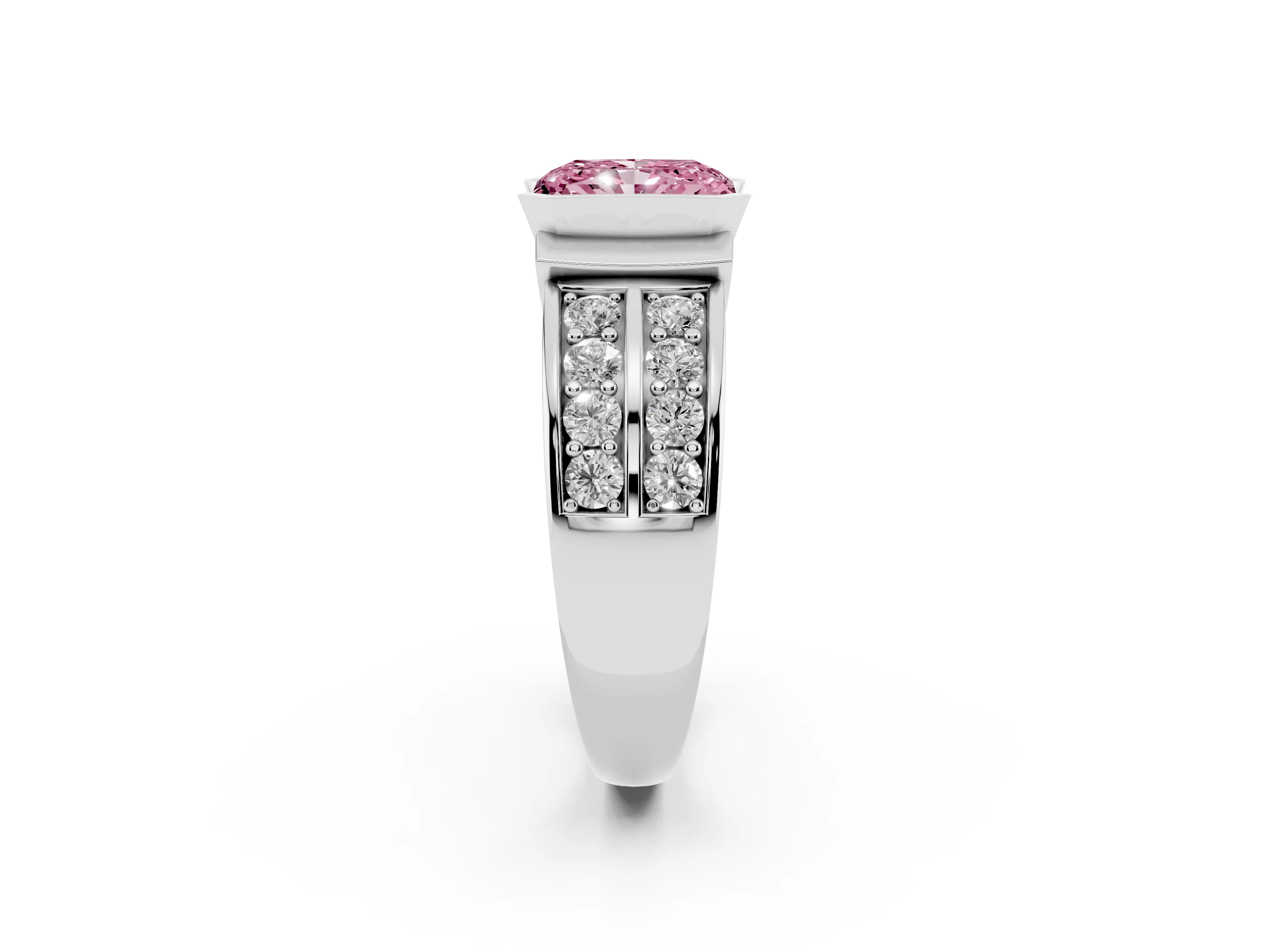 Fancy Pink Radiant Cut Diamond Wide Channel Set Band Ring Set in White gold with Bezel Setting