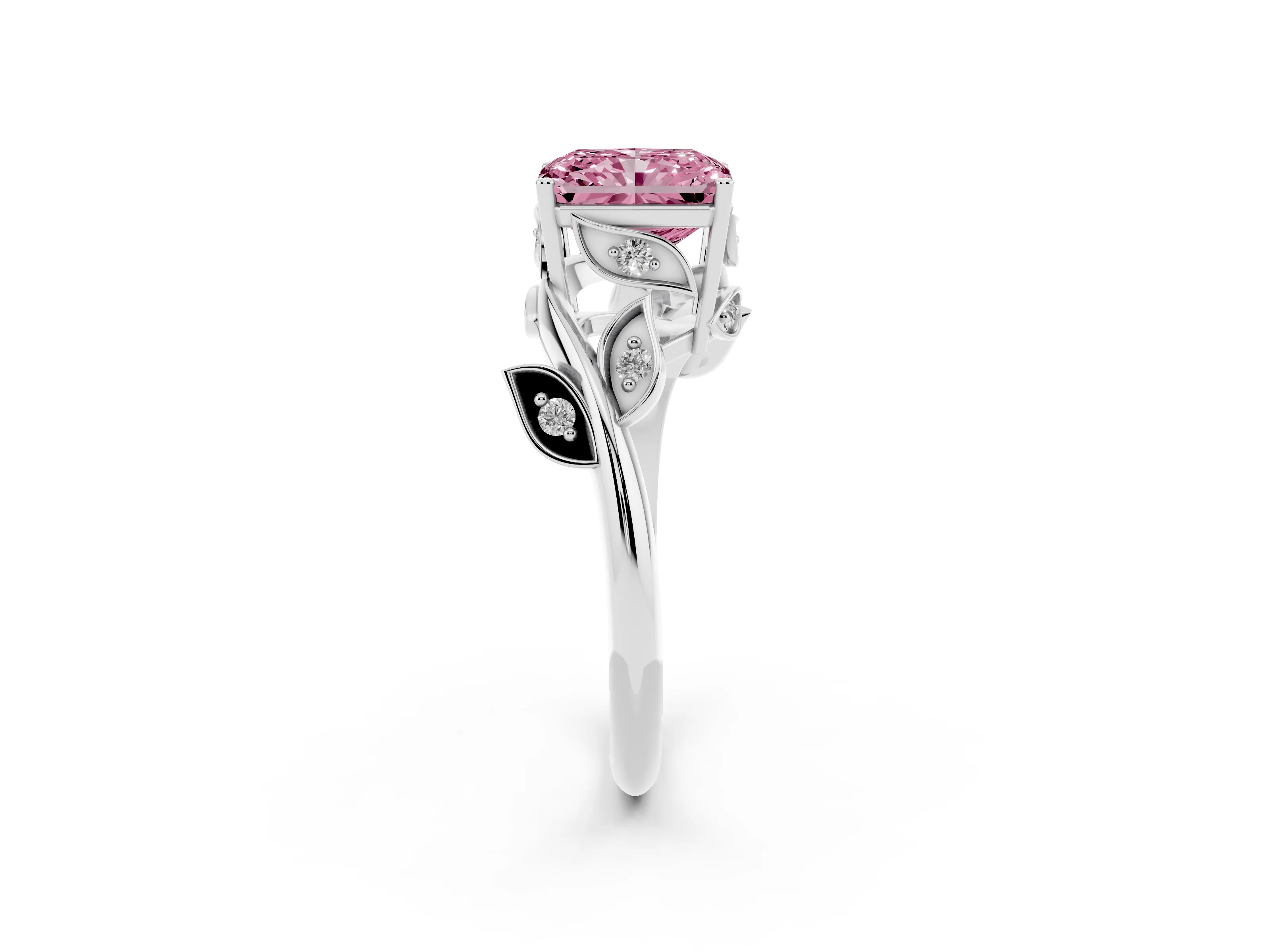 Fancy Pink Radiant Cut Diamond Solitaire Twist Engagement Ring Set in White gold with Pavé Leaf Accents