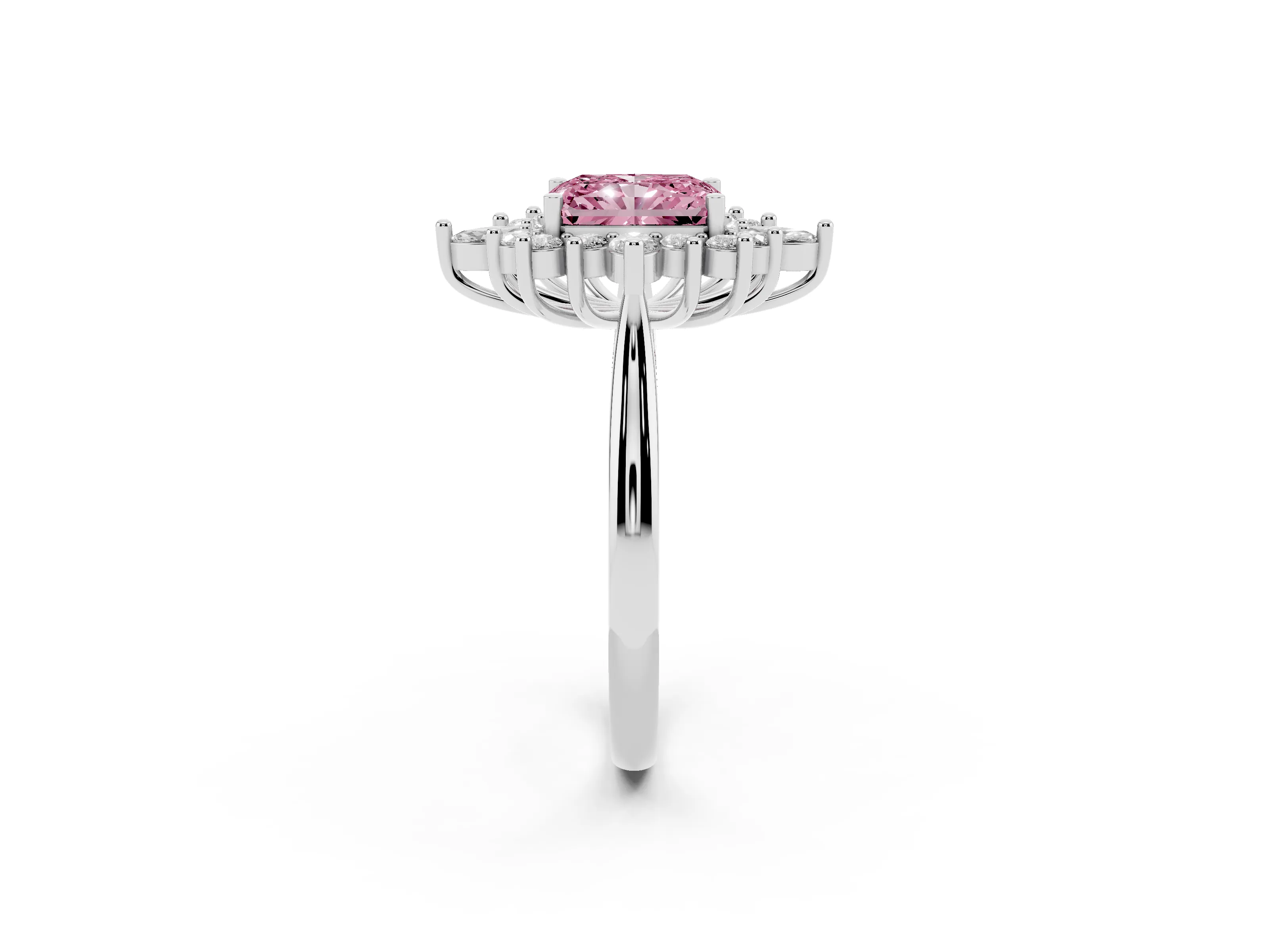 Fancy Pink Radiant Cut Diamond Cluster Halo Ring Set in Platinum with Marquise and Round Accents