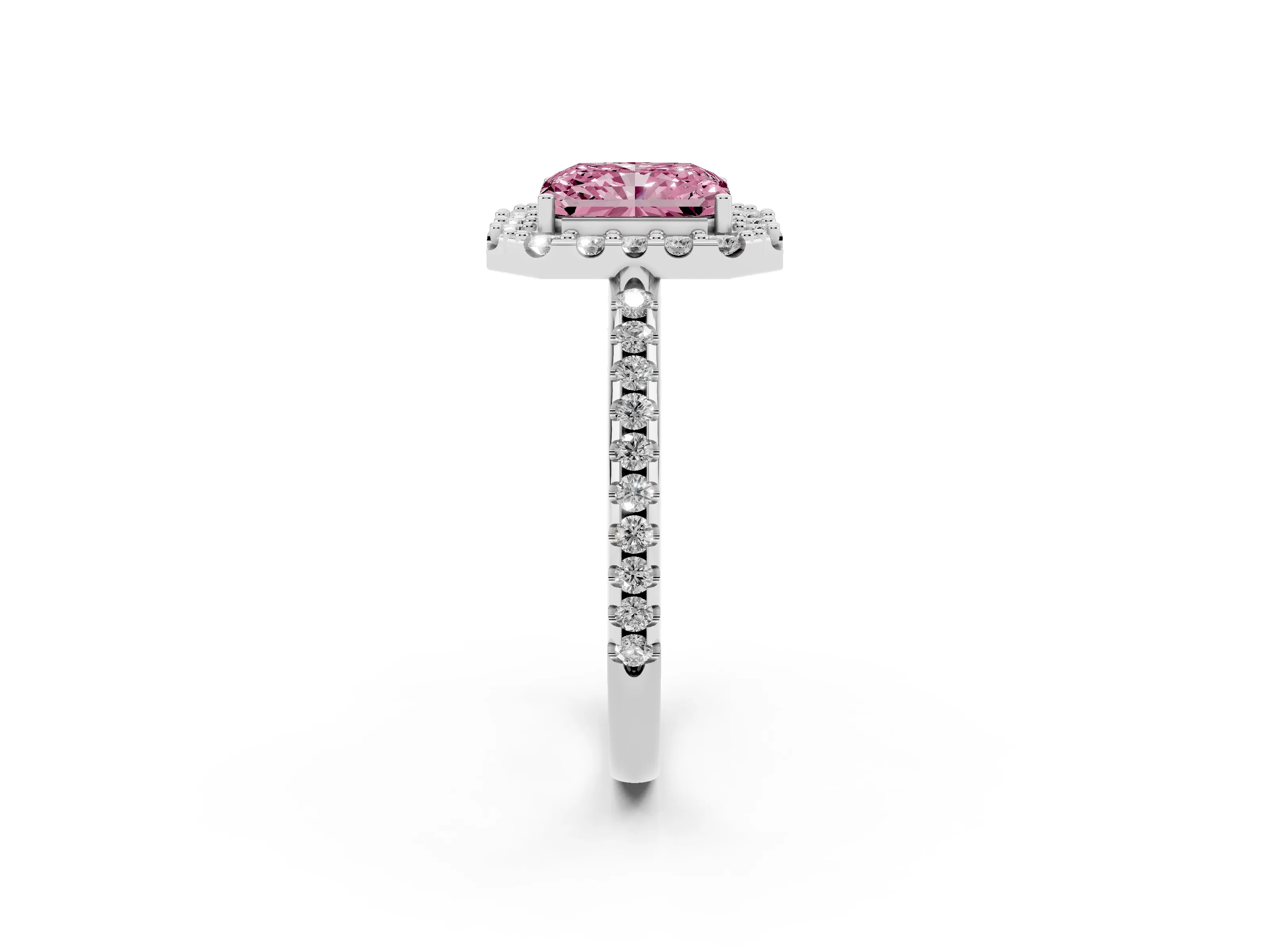 Fancy Pink Radiant Cut Diamond Pavé Halo Ring Set in Platinum with Prong Setting