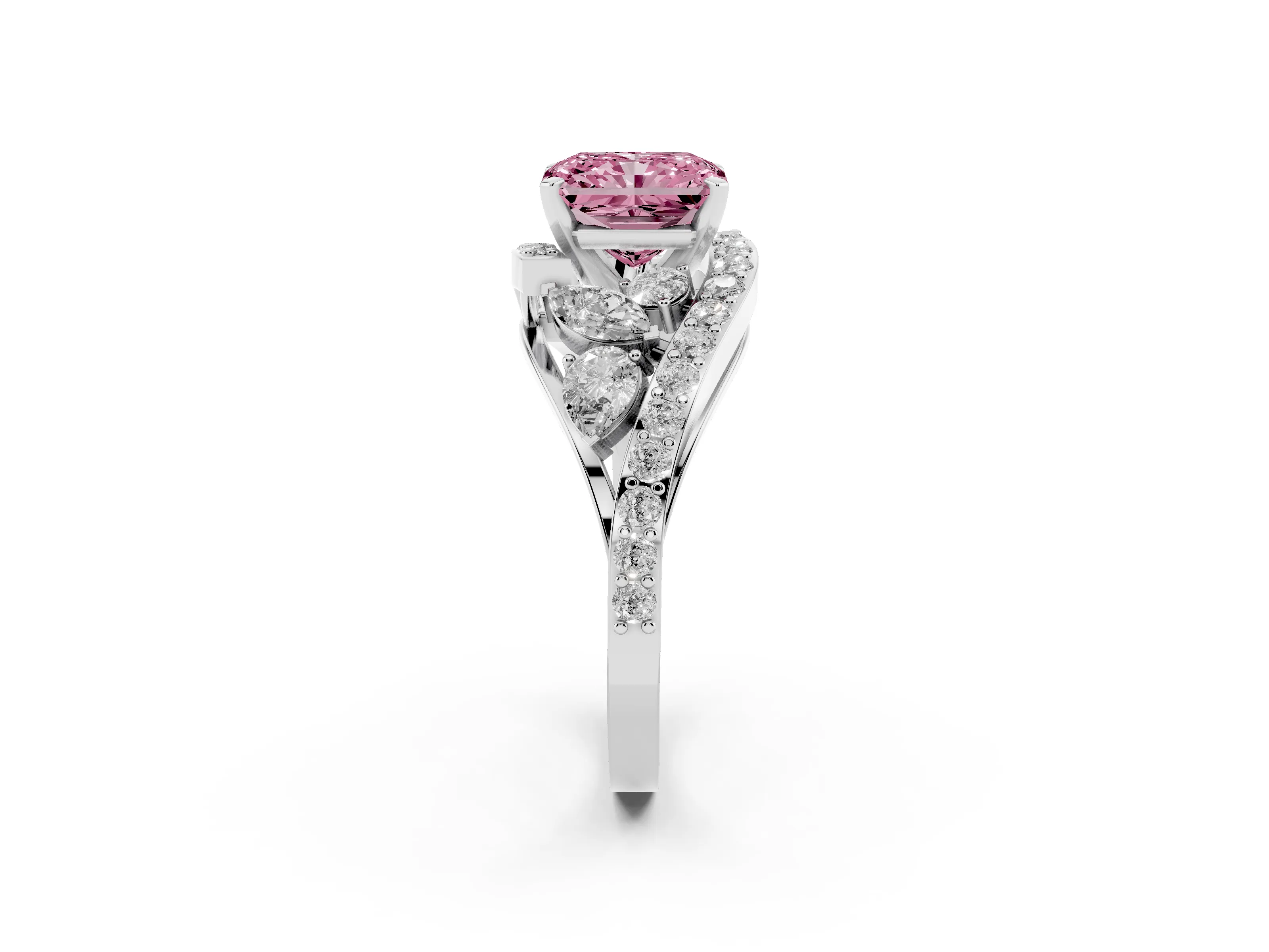 Fancy Pink Radiant Cut Diamond Halo Ring Set in Silver with Marquise and Pavé Band in Prong Setting