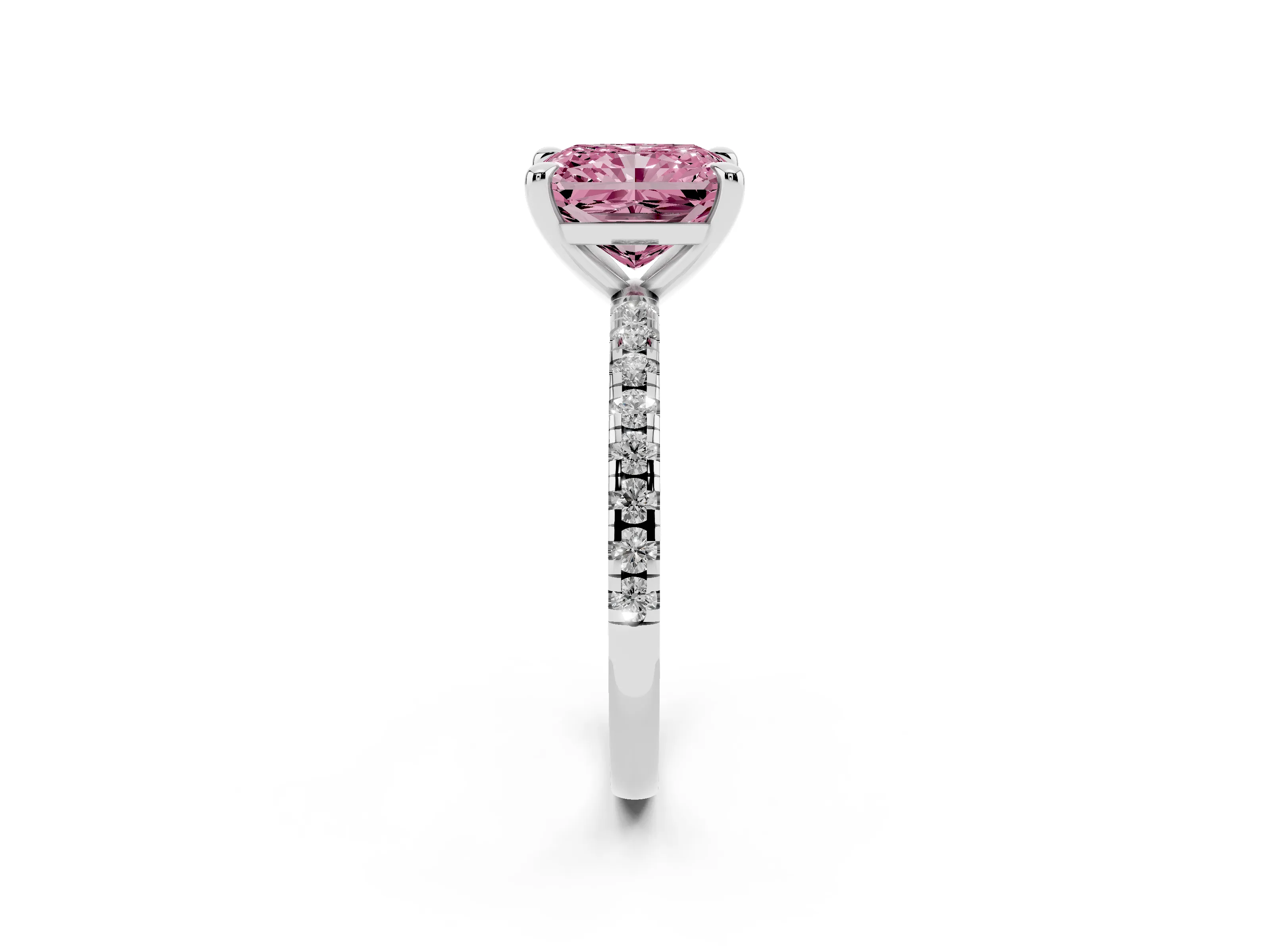 Fancy Pink Radiant Cut Diamond Brilliant Solitaire Ring Set in Platinum with Pavé Band and Prong Setting