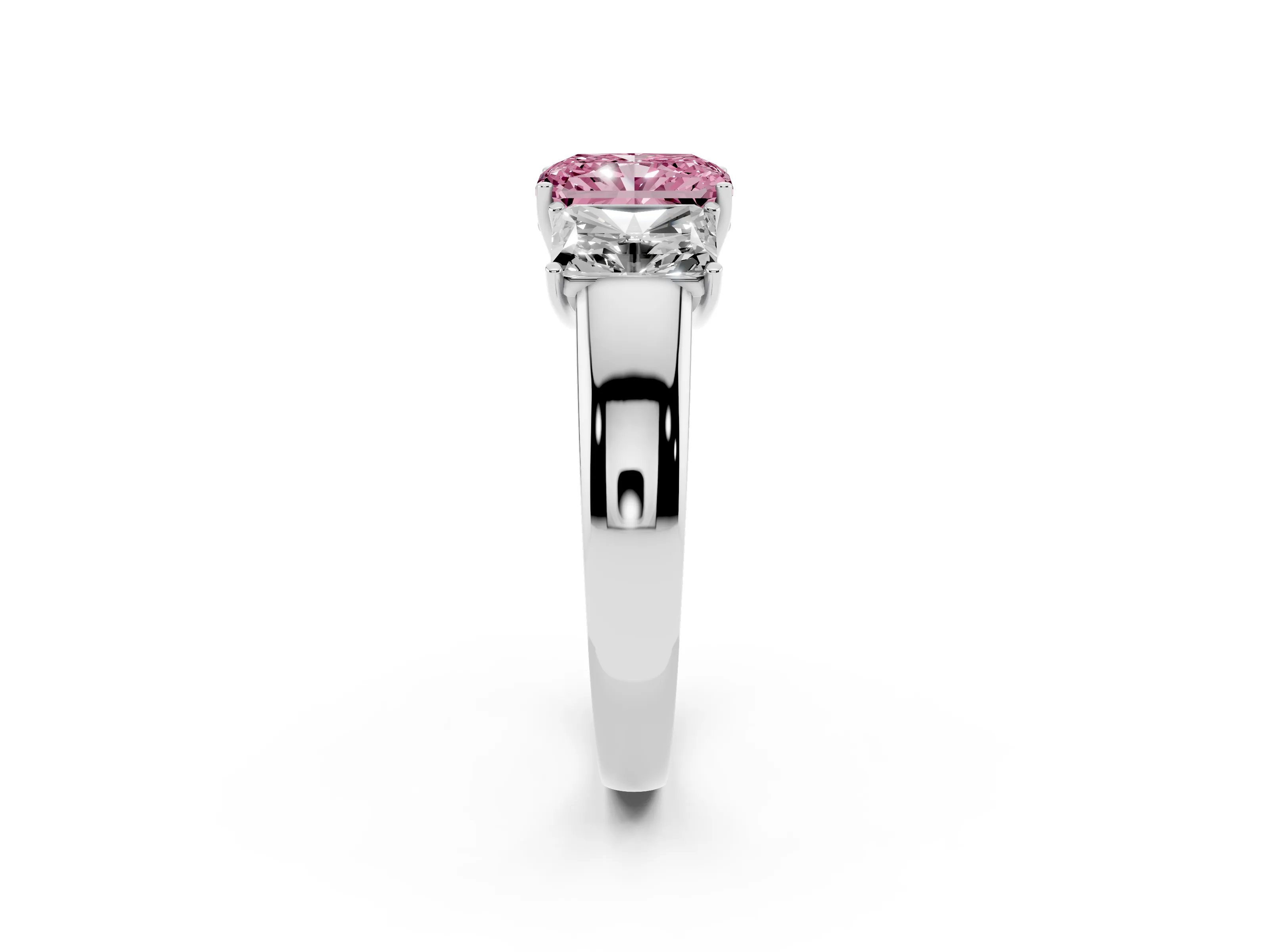 Fancy Pink Three-Stone Radiant Cut Diamond Ring Set in White gold with Matching Prong Settings and Plain Band