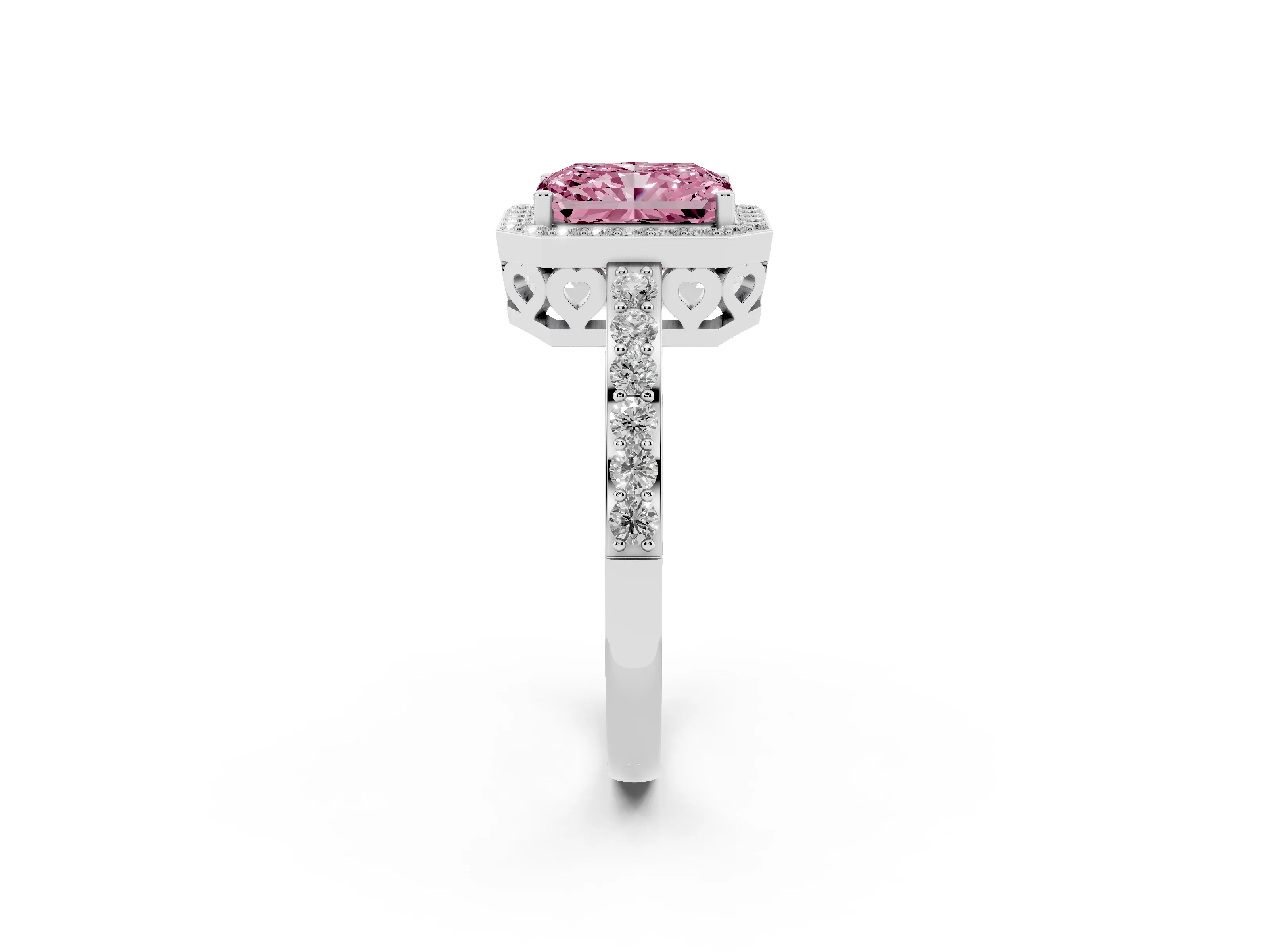Fancy Pink Radiant Cut Diamond Halo Ring Set in White gold with Pavé-Setting Band and Open Prong Center