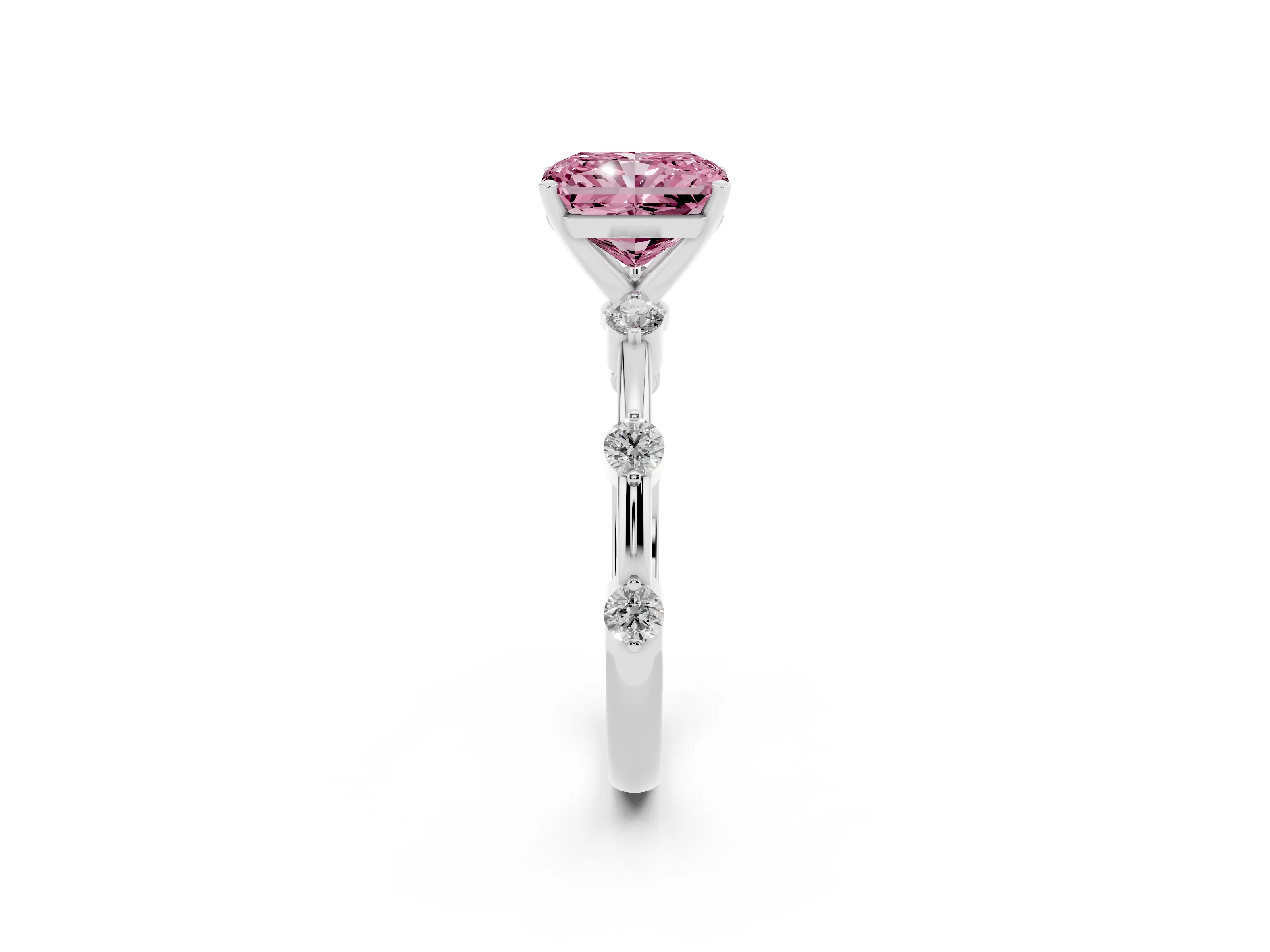 Fancy Pink Radiant Cut Diamond Solitaire Ring Set in Silver with Bezel Set Side Stones and Prong Setting