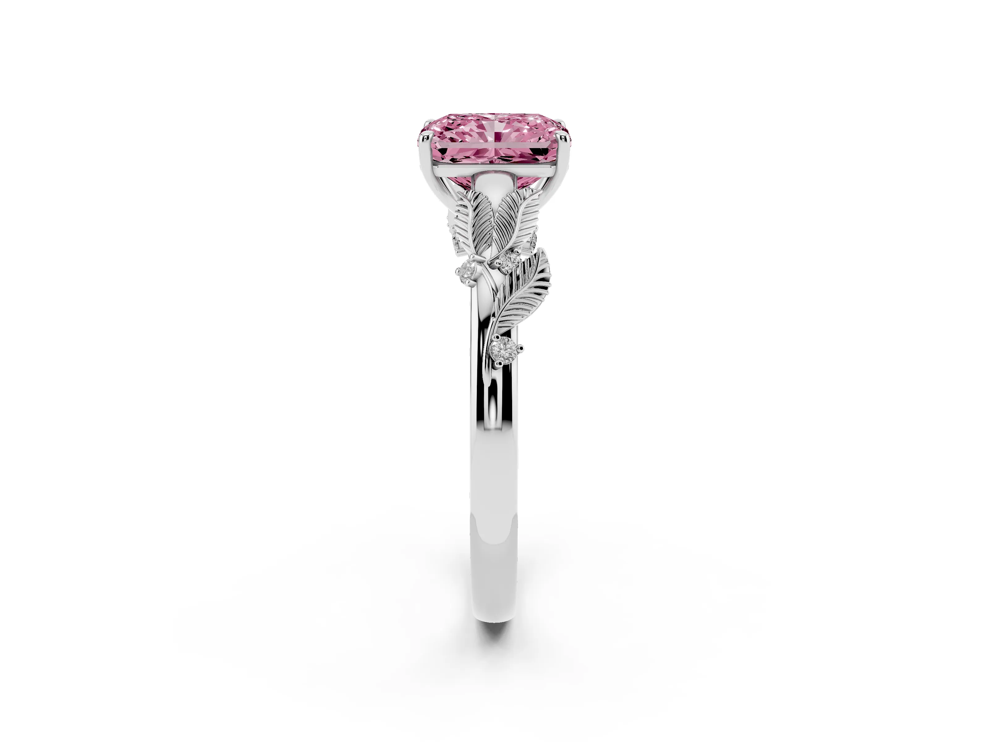 Fancy Pink Radiant Cut Diamond Solitaire Ring Set in White gold with Leaf Motif Band