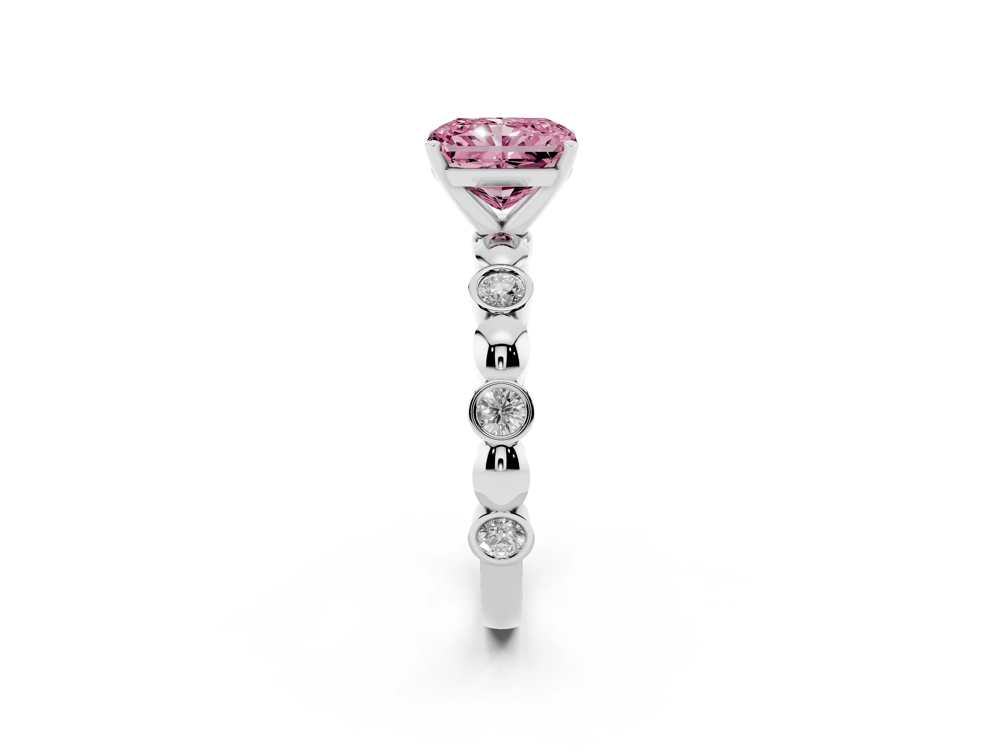 Fancy Pink Radiant Cut Diamond Solitaire Ring Set in Silver with Bezel-Set Accents on Beaded Band and Prong Setting