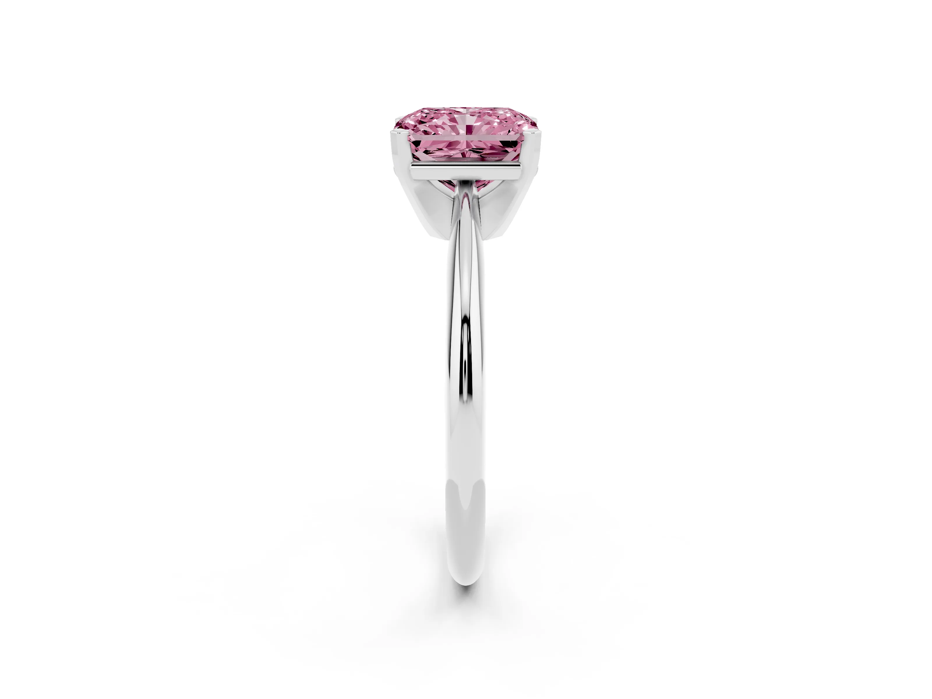 Fancy Pink Radiant Cut Diamond Solitaire Ring Set in Platinum with Prong Setting on a Plain Round Band