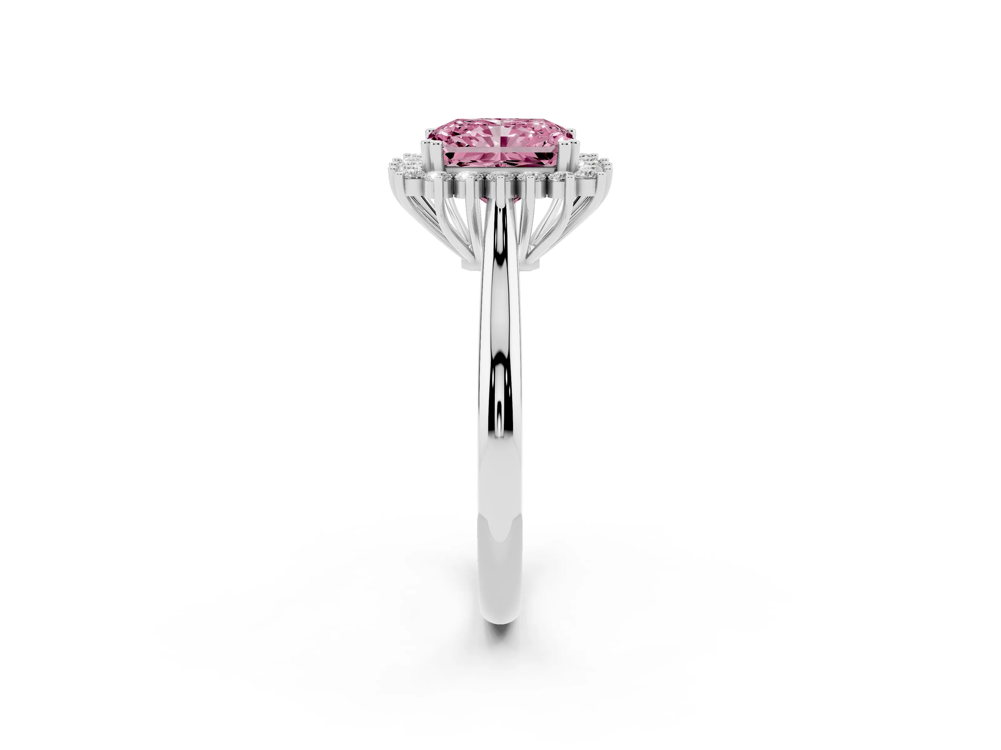 Fancy Pink Radiant Cut Diamond Halo Ring Set in Platinum with Plain Solitaire Band and Prong Setting