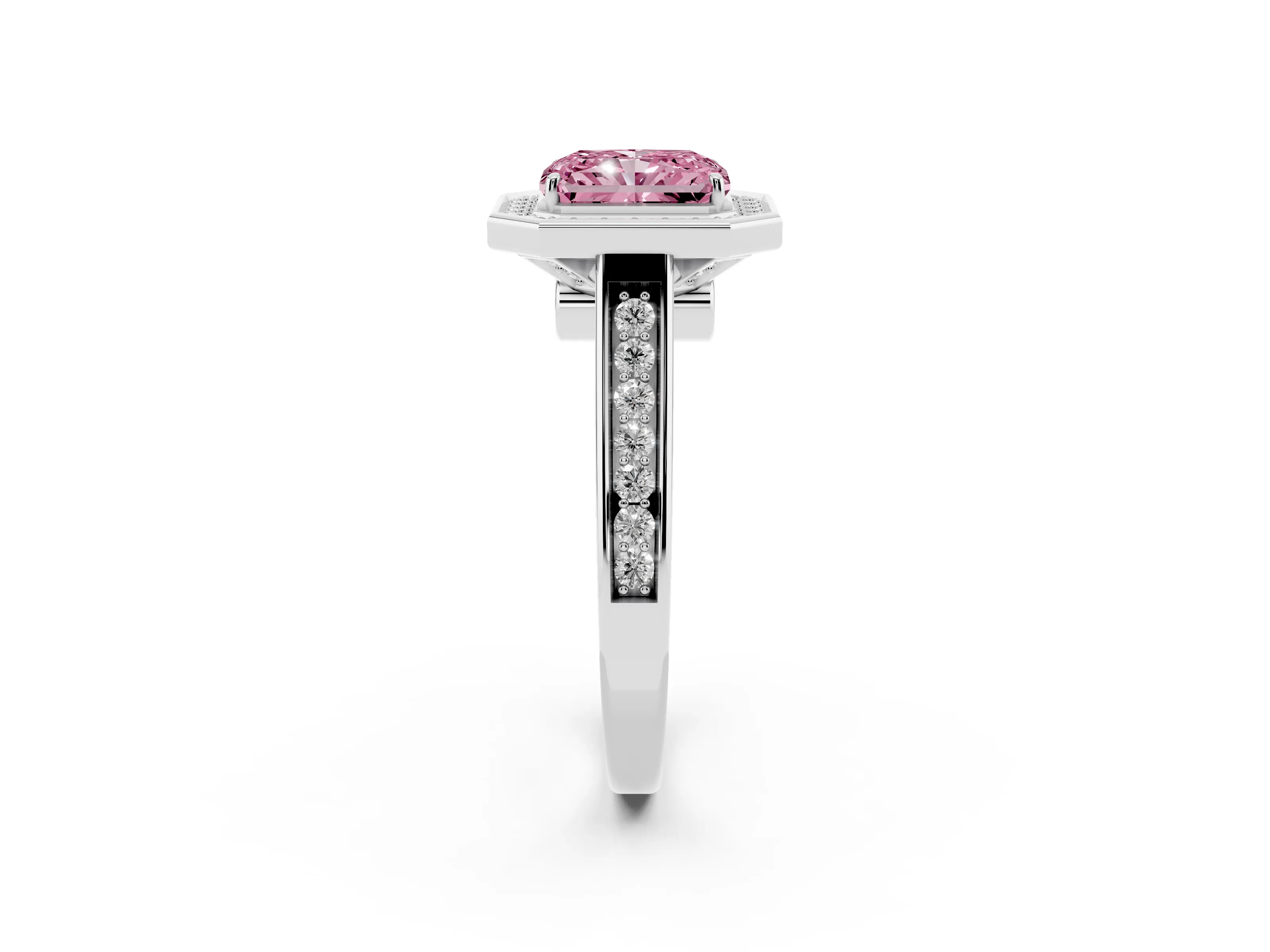 Fancy Pink Radiant Cut Diamond Halo Solitaire Ring Set in White gold with Pavé Band and Bezel Setting
