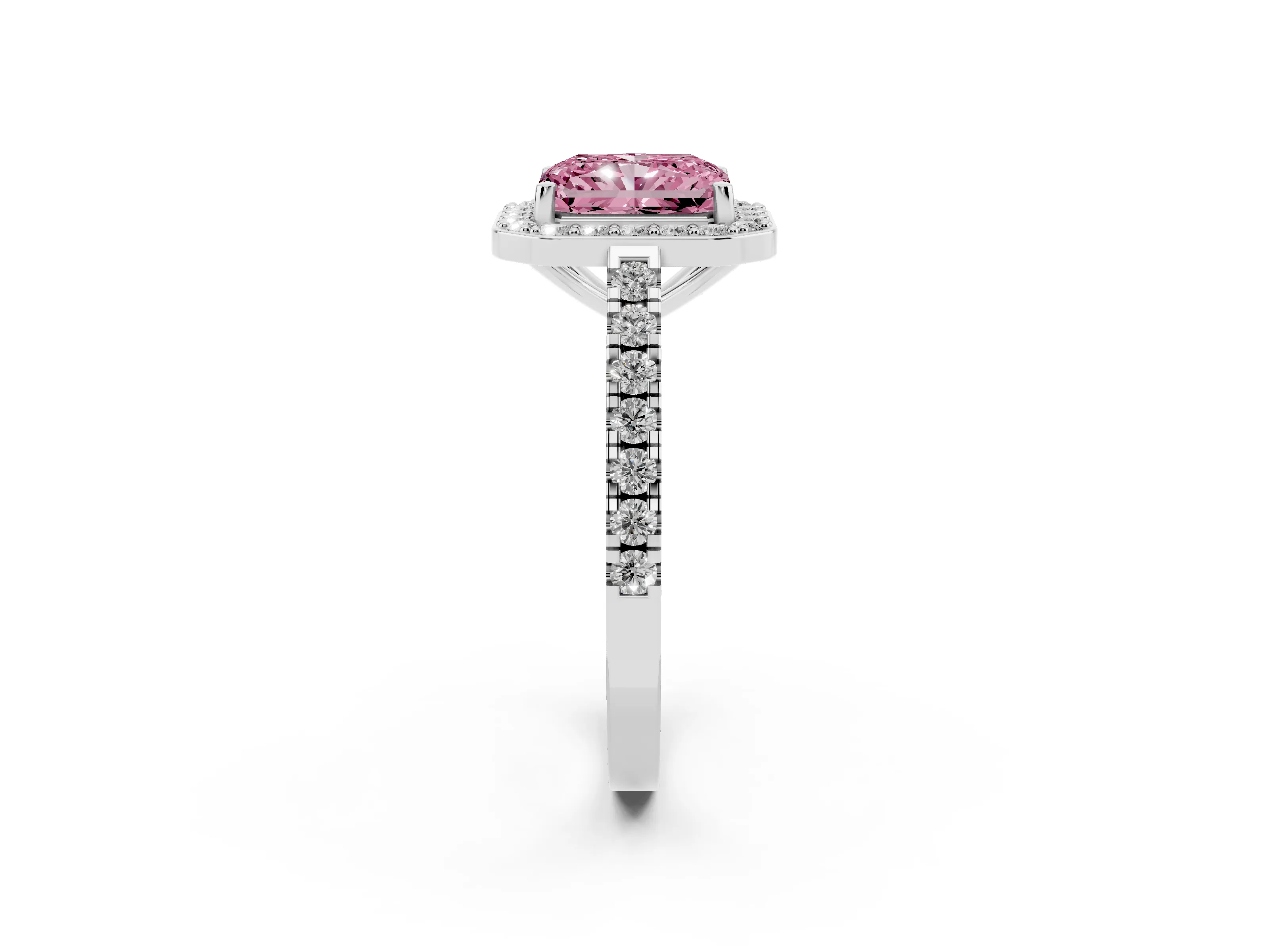 Fancy Pink Radiant Cut Diamond Halo Ring Set in White gold with Round Pavé Split Shank and Prong Setting