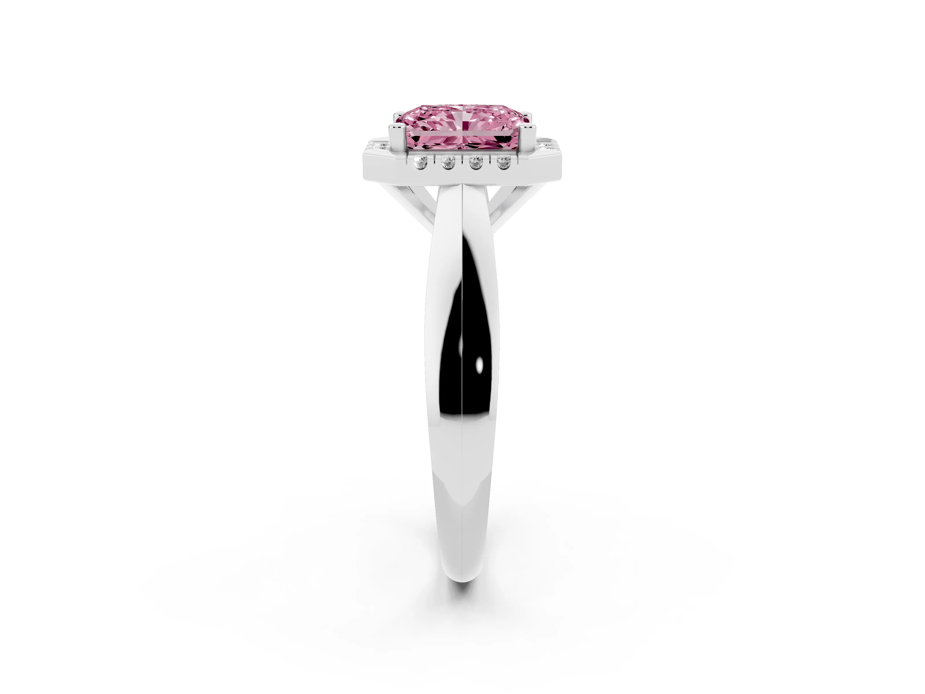 Fancy Pink Radiant Cut Diamond Halo Solitaire Engagement Ring Set in White gold with Square Band and Prong Setting