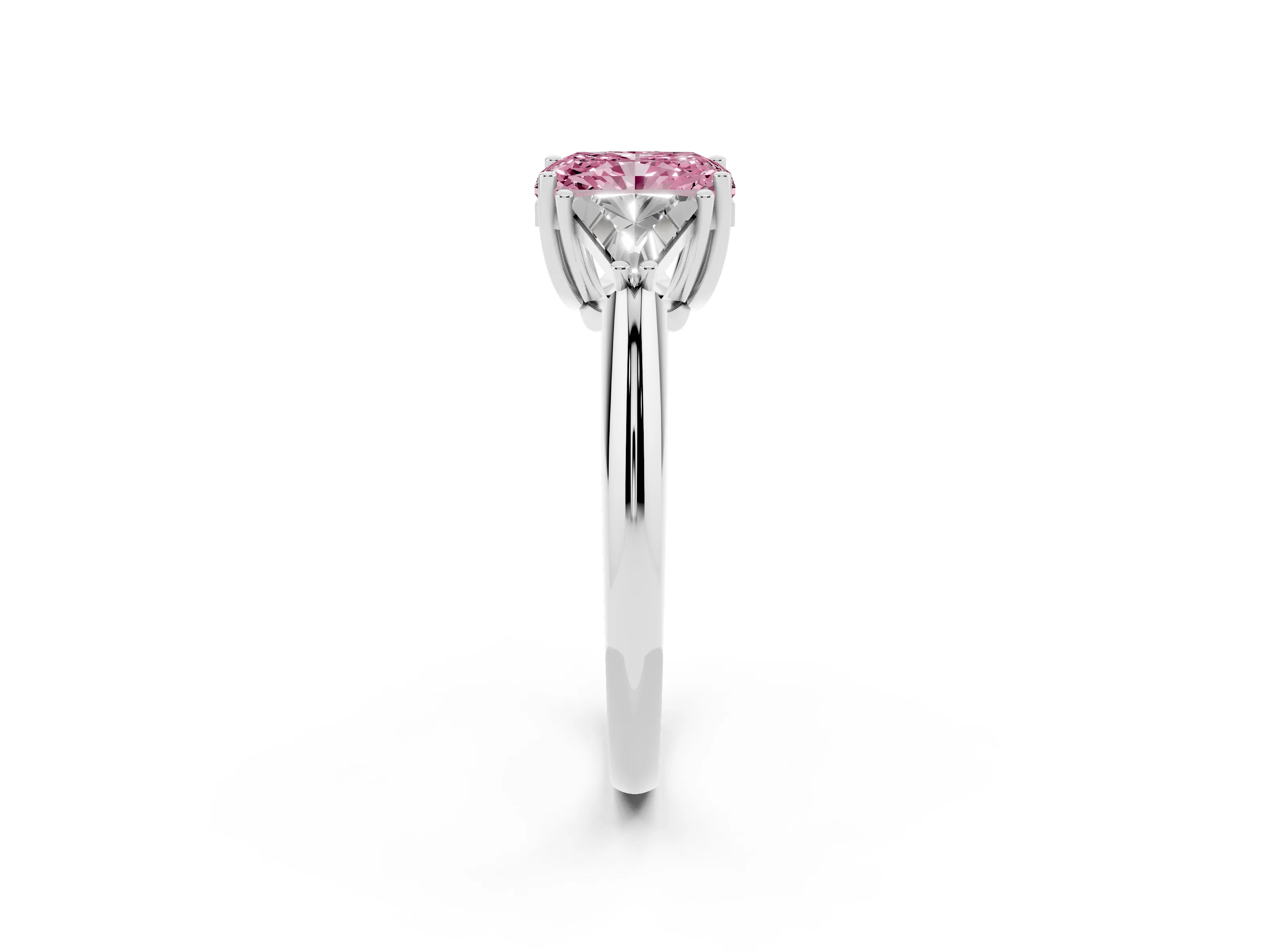 Fancy Pink Radiant Cut Diamond Three-Stone Engagement Ring Set in Platinum with Trillion Side Stones