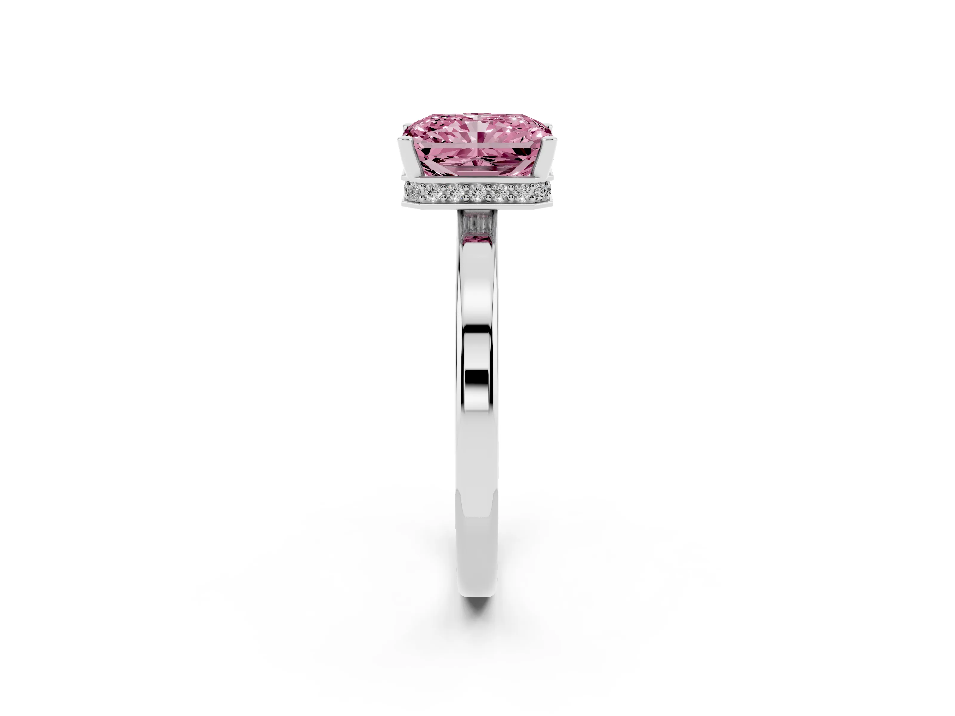 Fancy Pink Radiant Cut Diamond Solitaire Engagement Ring Set in White gold with Prong Setting on a Plain Band