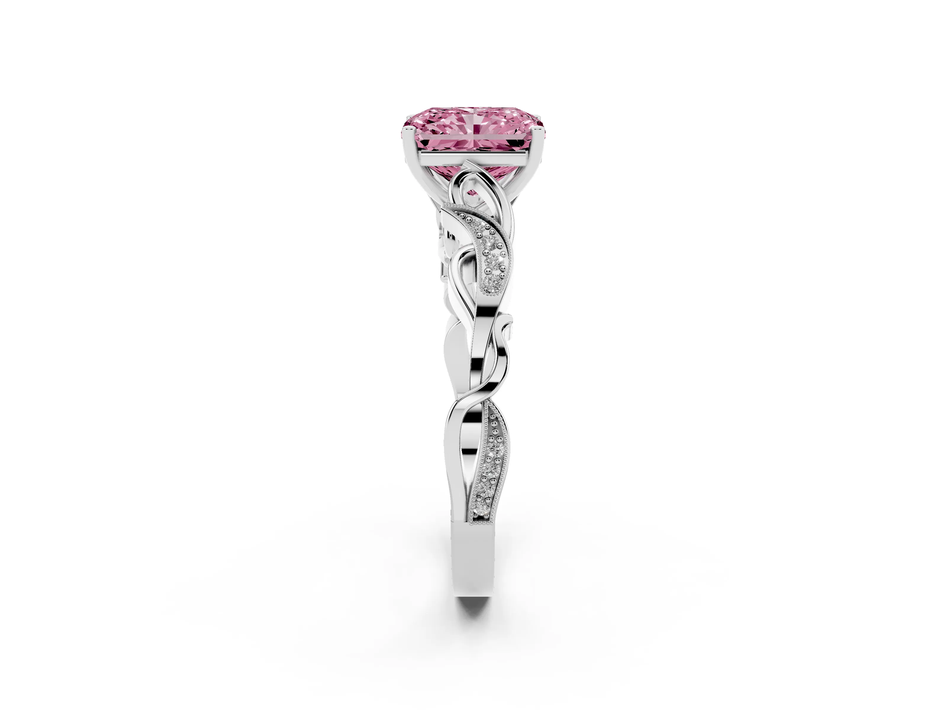 Fancy Pink Radiant Cut Diamond Vine Band Solitaire Ring Set in Platinum with Milgrain Prong Setting