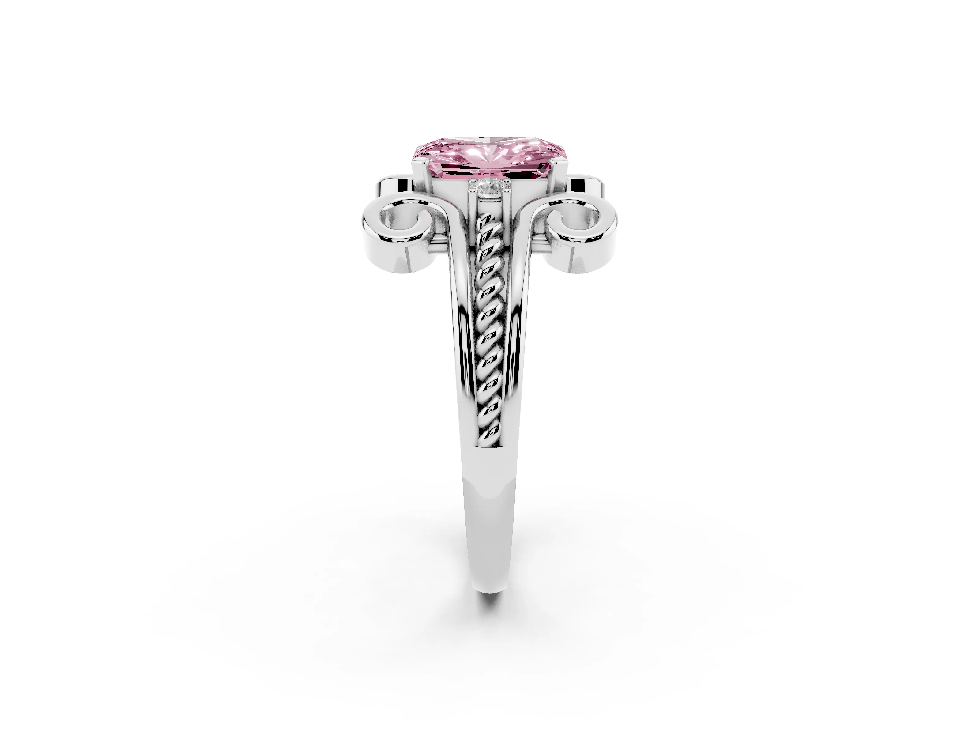 Fancy Pink Radiant Cut Diamond Twisted Band Solitaire Ring Set in Platinum with Scroll Prongs