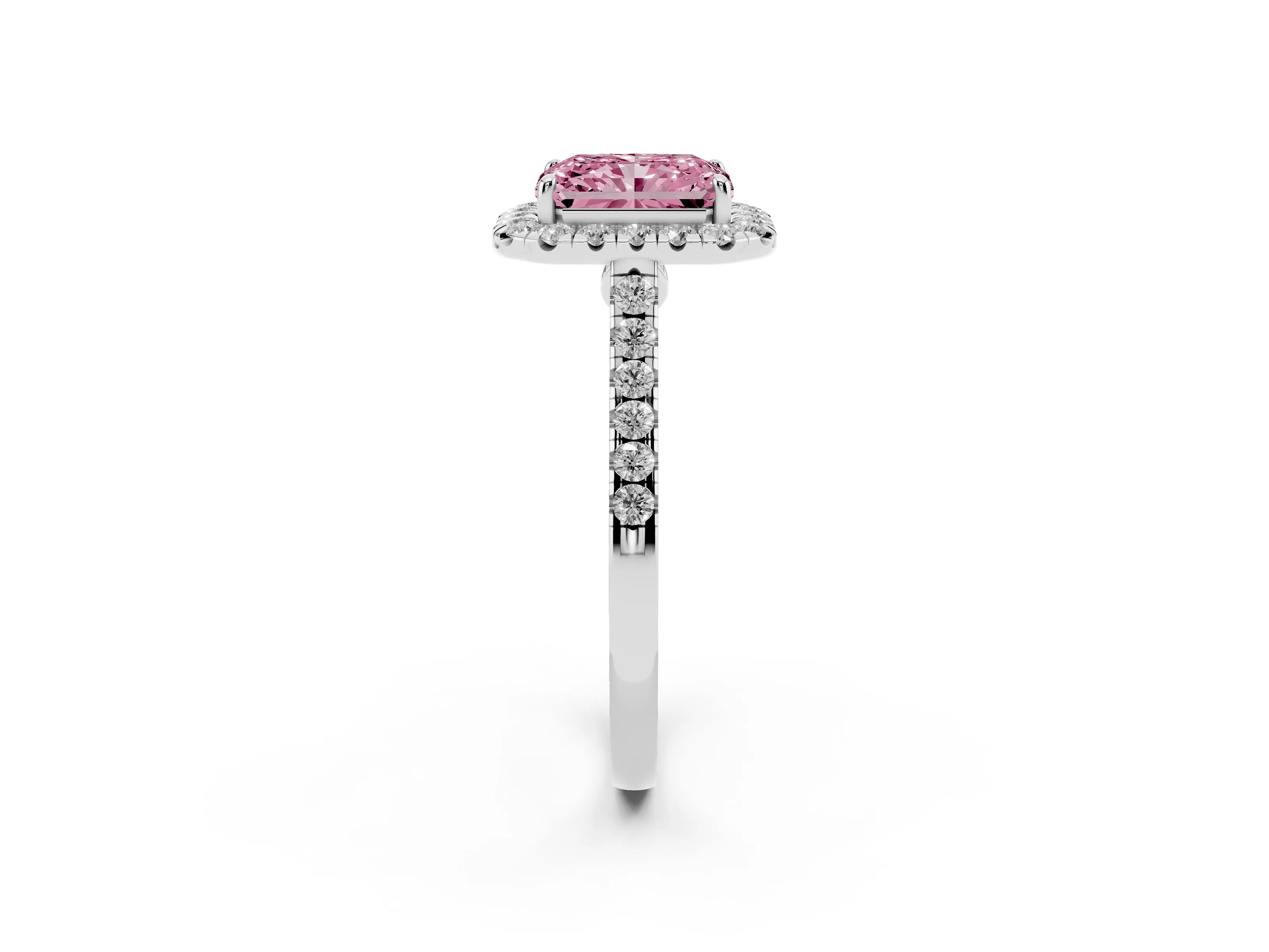 Fancy Pink Radiant Cut Diamond Halo Pavé Engagement Ring Set in Silver with Prong Setting