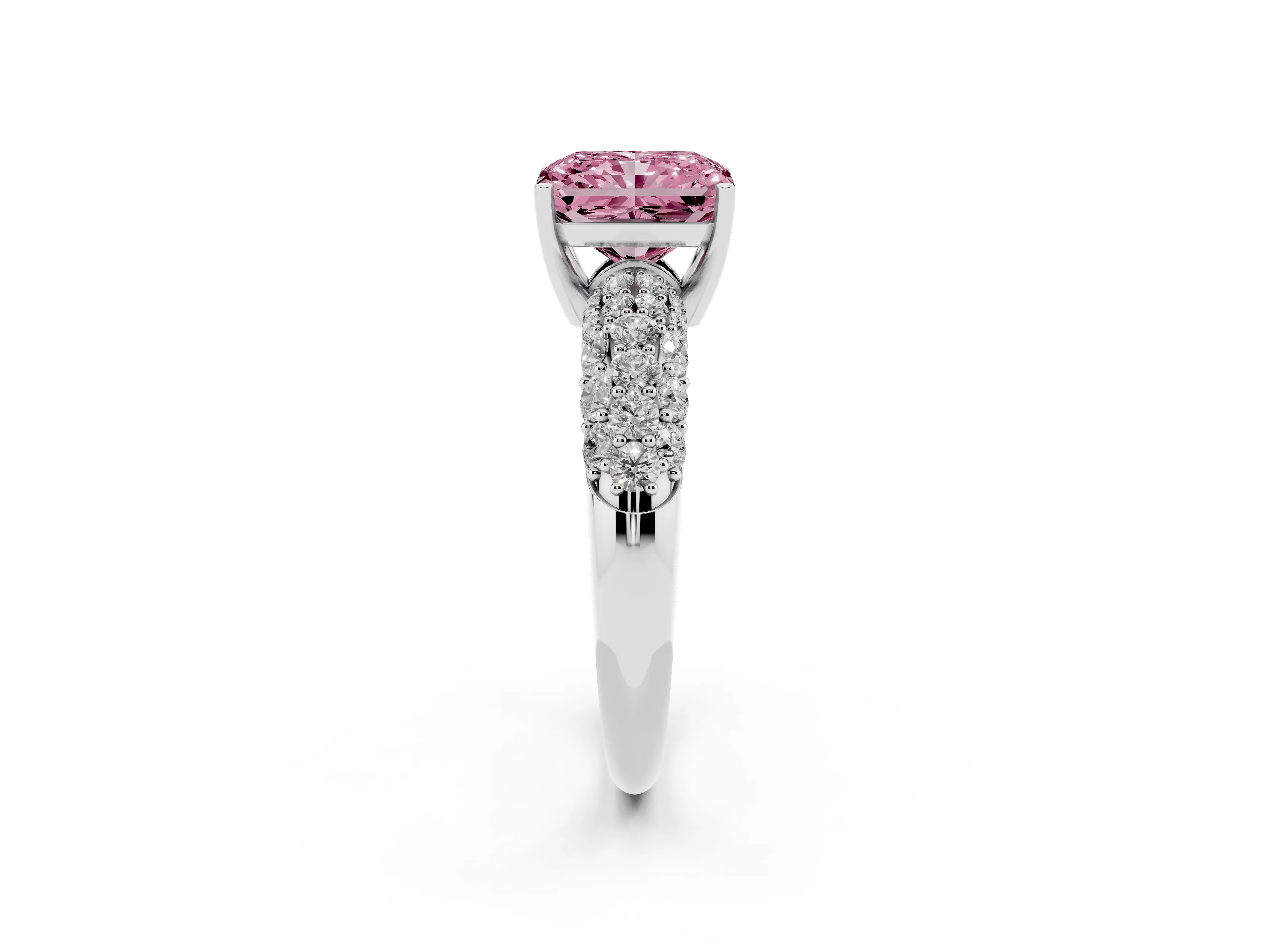 Fancy Pink Radiant Cut Diamond Pavé Band Solitaire Ring Set in Platinum with Close-Set Accent Stones and Prong Setting