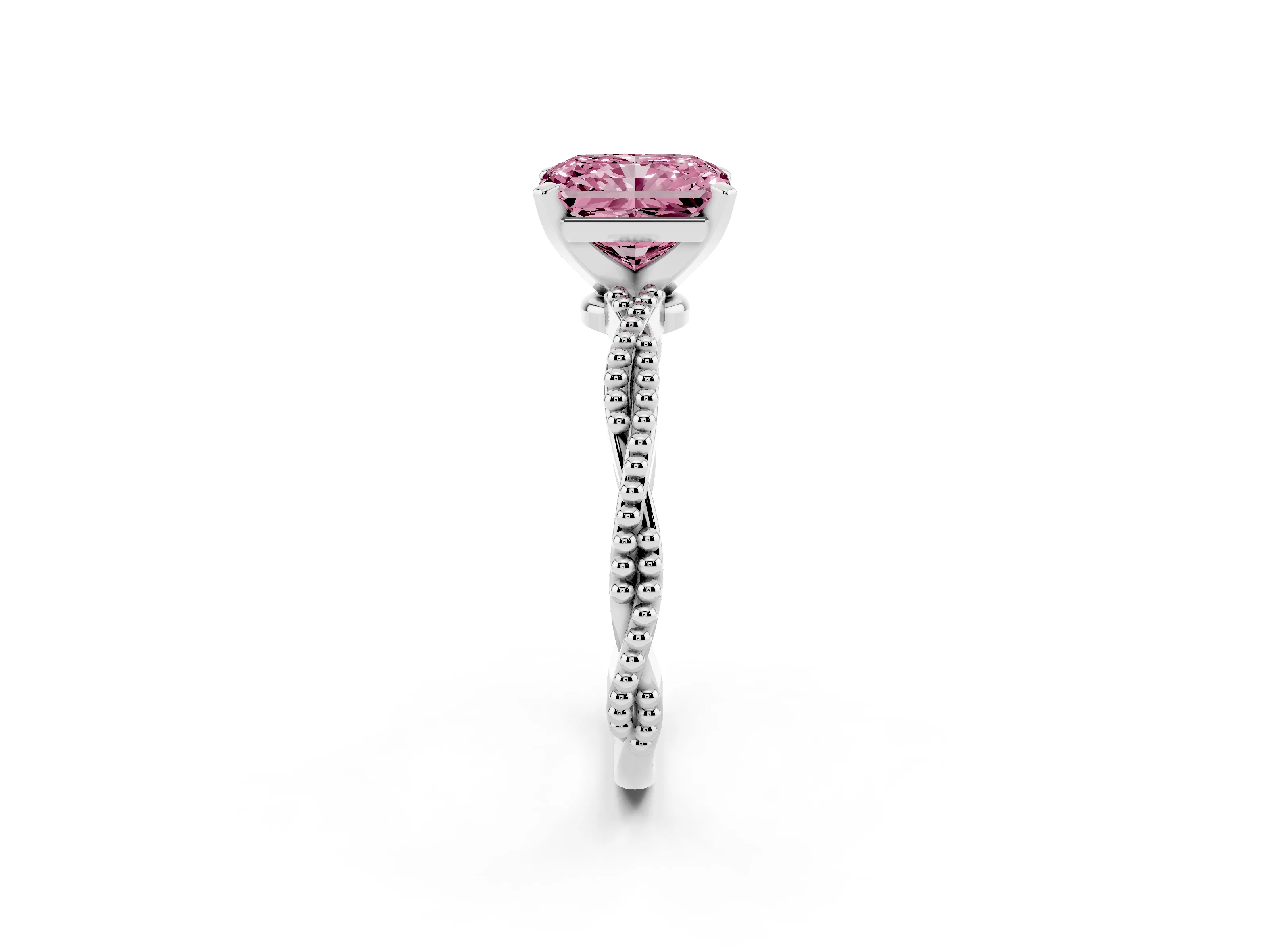 Fancy Pink Radiant Cut Diamond Solitaire Ring Set in Platinum with Twisted Band and Bead Prong Setting