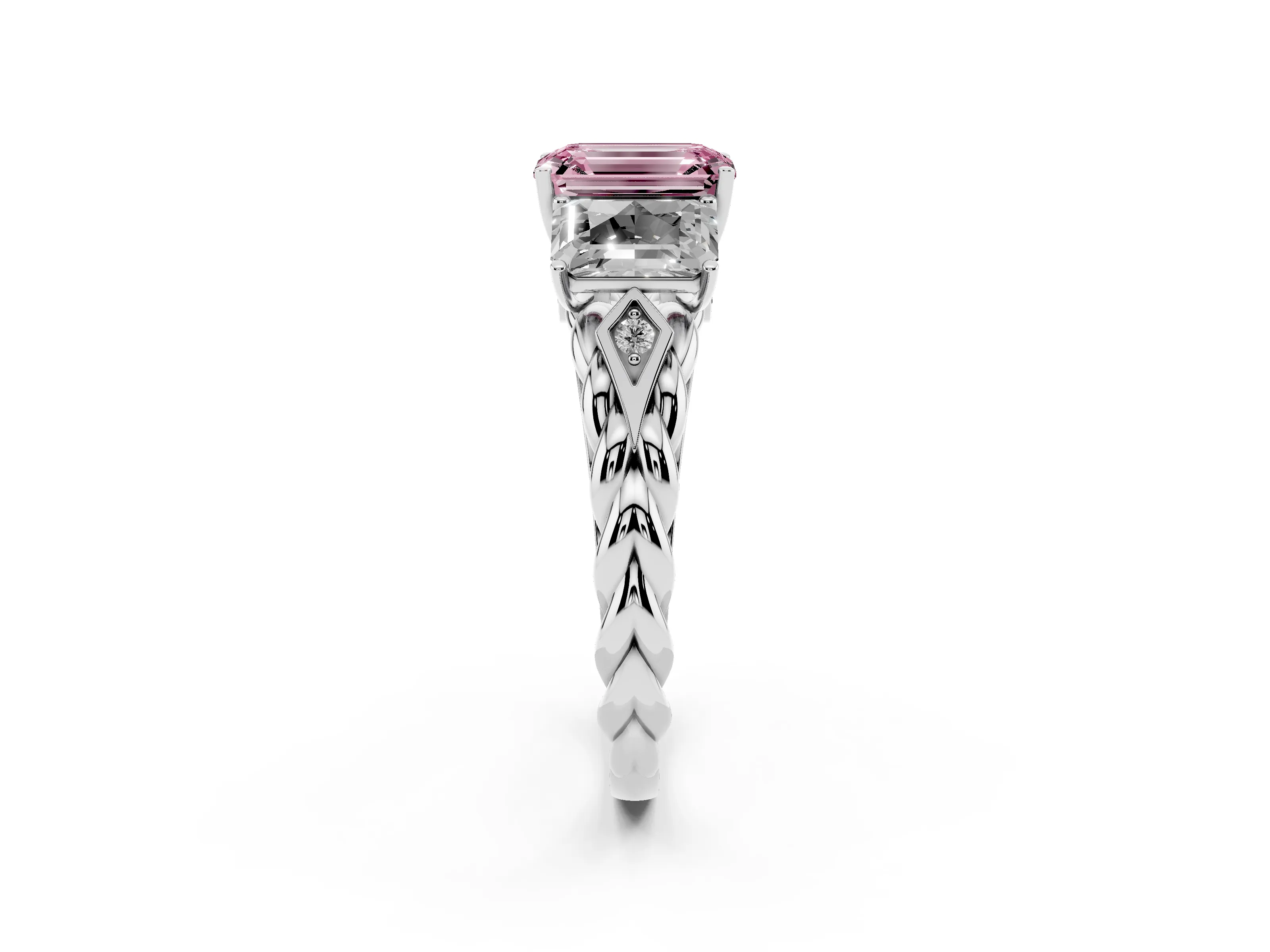 Fancy Pink Radiant Cut Diamond Three-Stone Ring Set in Platinum with Braided Band