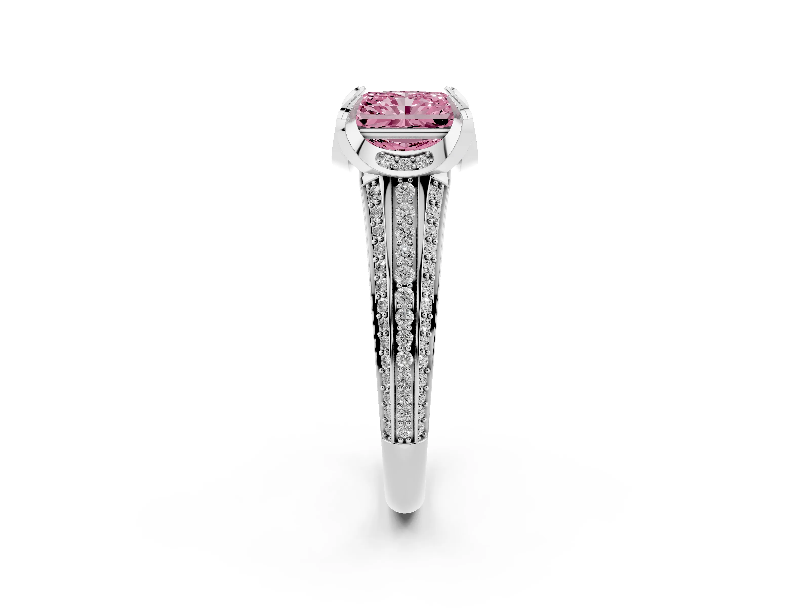 Fancy Pink Radiant Cut Diamond Pavé Split Shank Solitaire Ring Set in Silver with Prong Setting