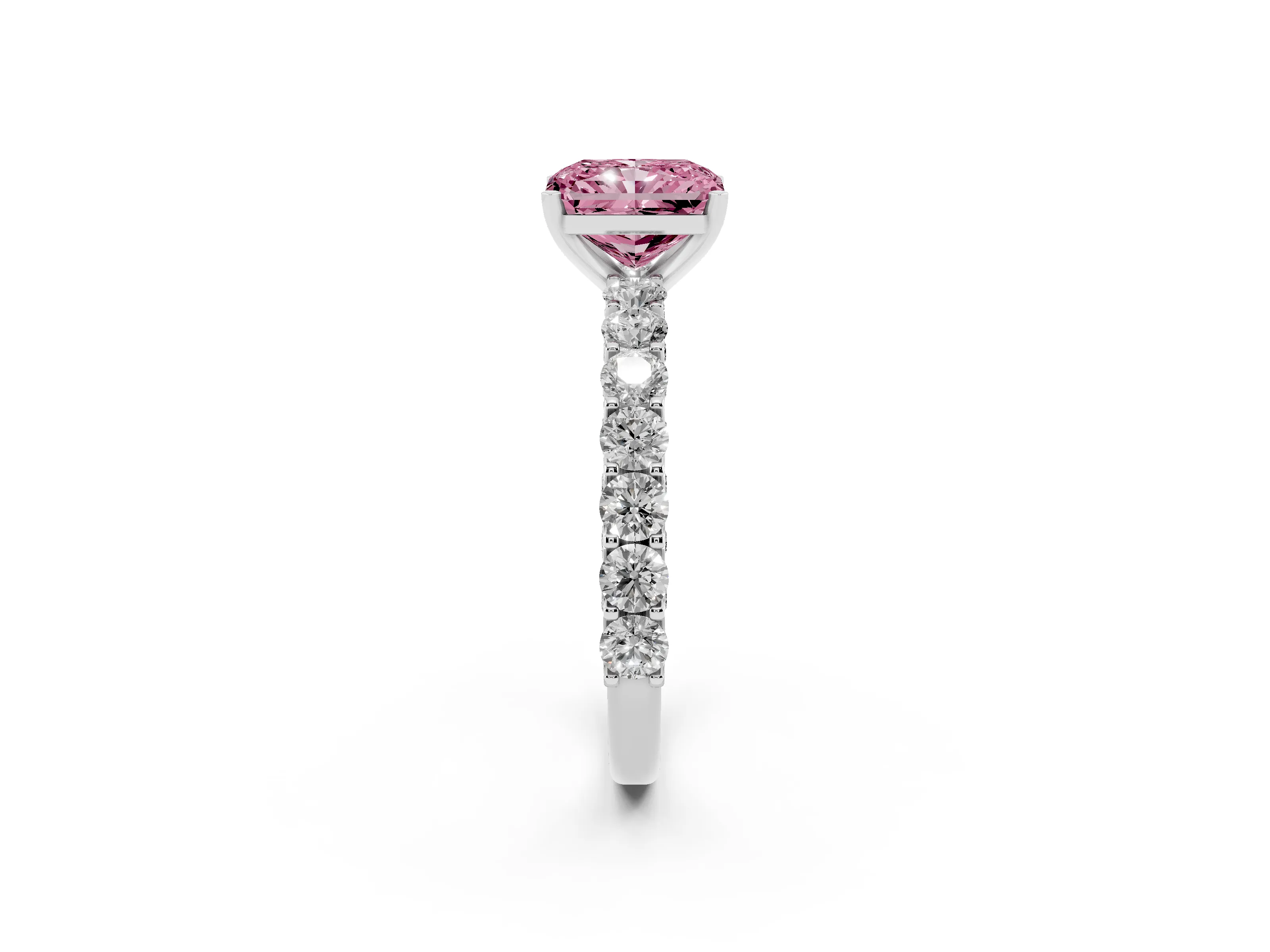 Fancy Pink Radiant Cut Diamond Solitaire Ring Set in Silver with Shared Prong Pavé Band