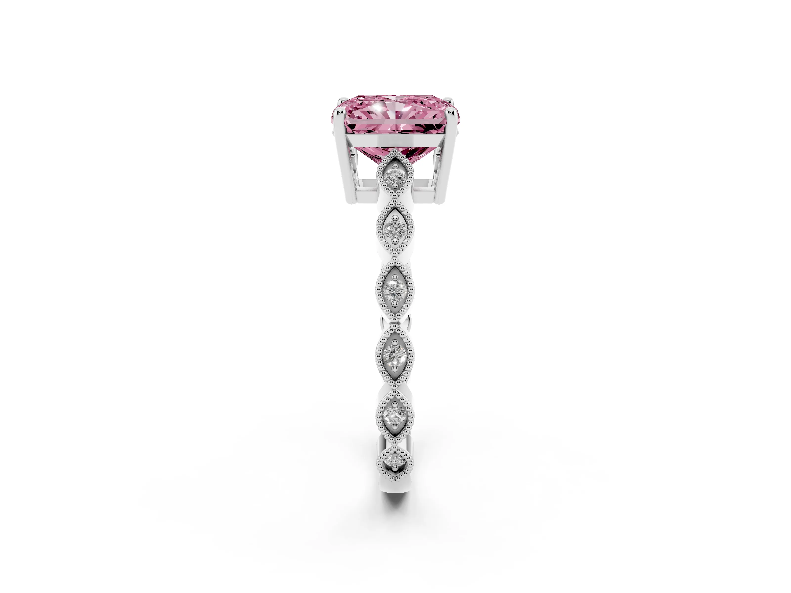 Fancy Pink Radiant Cut Diamond Solitaire Ring Set in Platinum with Infinity Twist Pavé Band