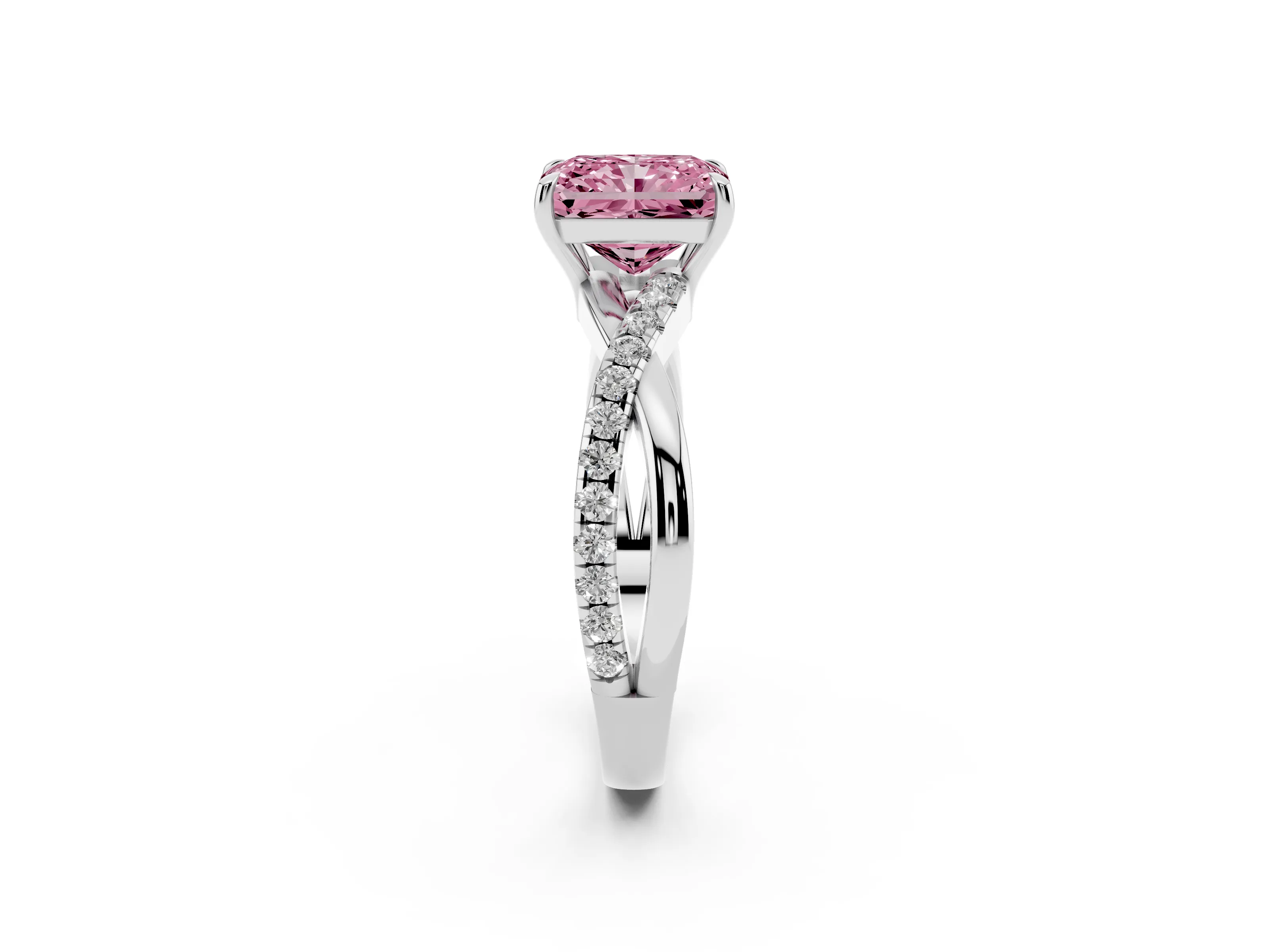 Fancy Pink Radiant Cut Diamond Twisted Pavé Band Ring Set in Silver with Prong Setting