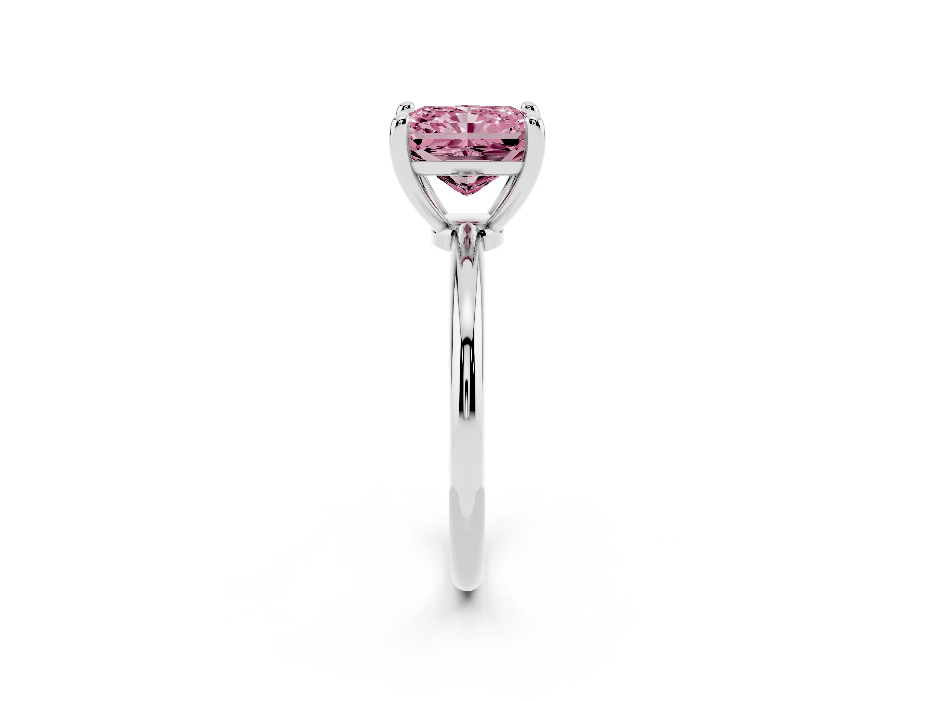 Fancy Pink Radiant Cut Diamond Solitaire Ring Set in White gold with Secure Prong Setting on a Classic Band