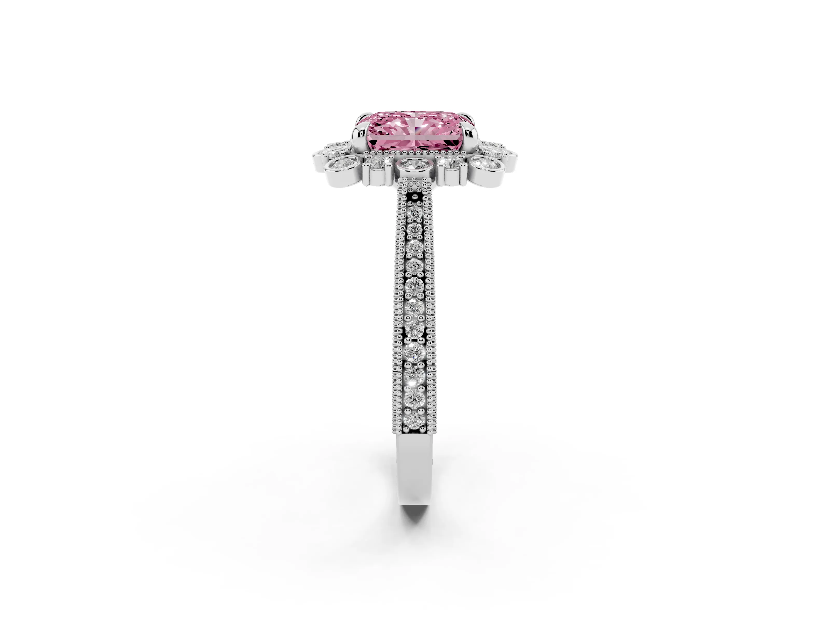 Fancy Pink Radiant Cut Diamond Halo Milgrain Pavé Ring Set in Platinum with Prong Setting