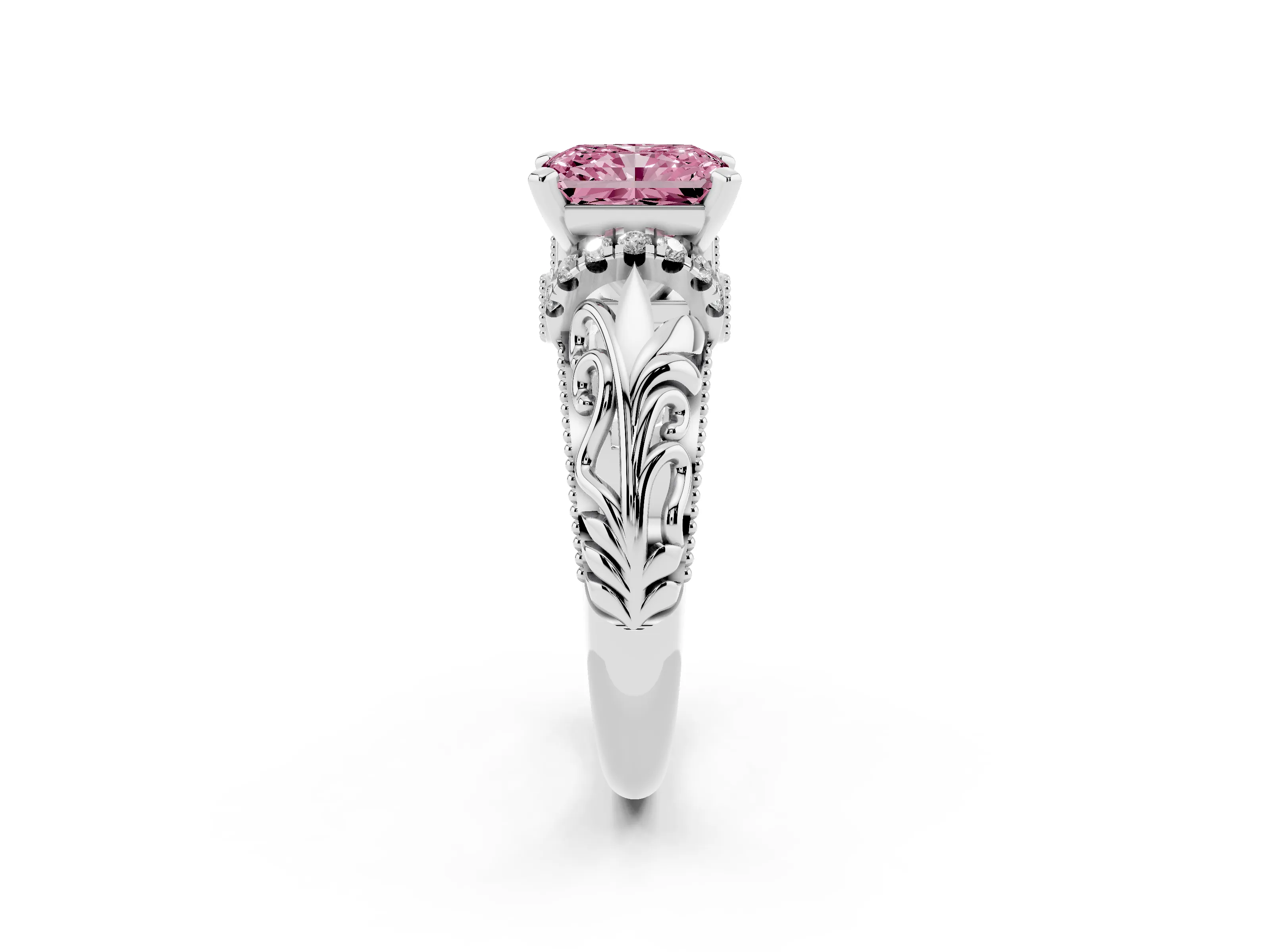 Fancy Pink Radiant Cut Diamond Filigree Halo Engagement Ring Set in White gold with Prong Setting
