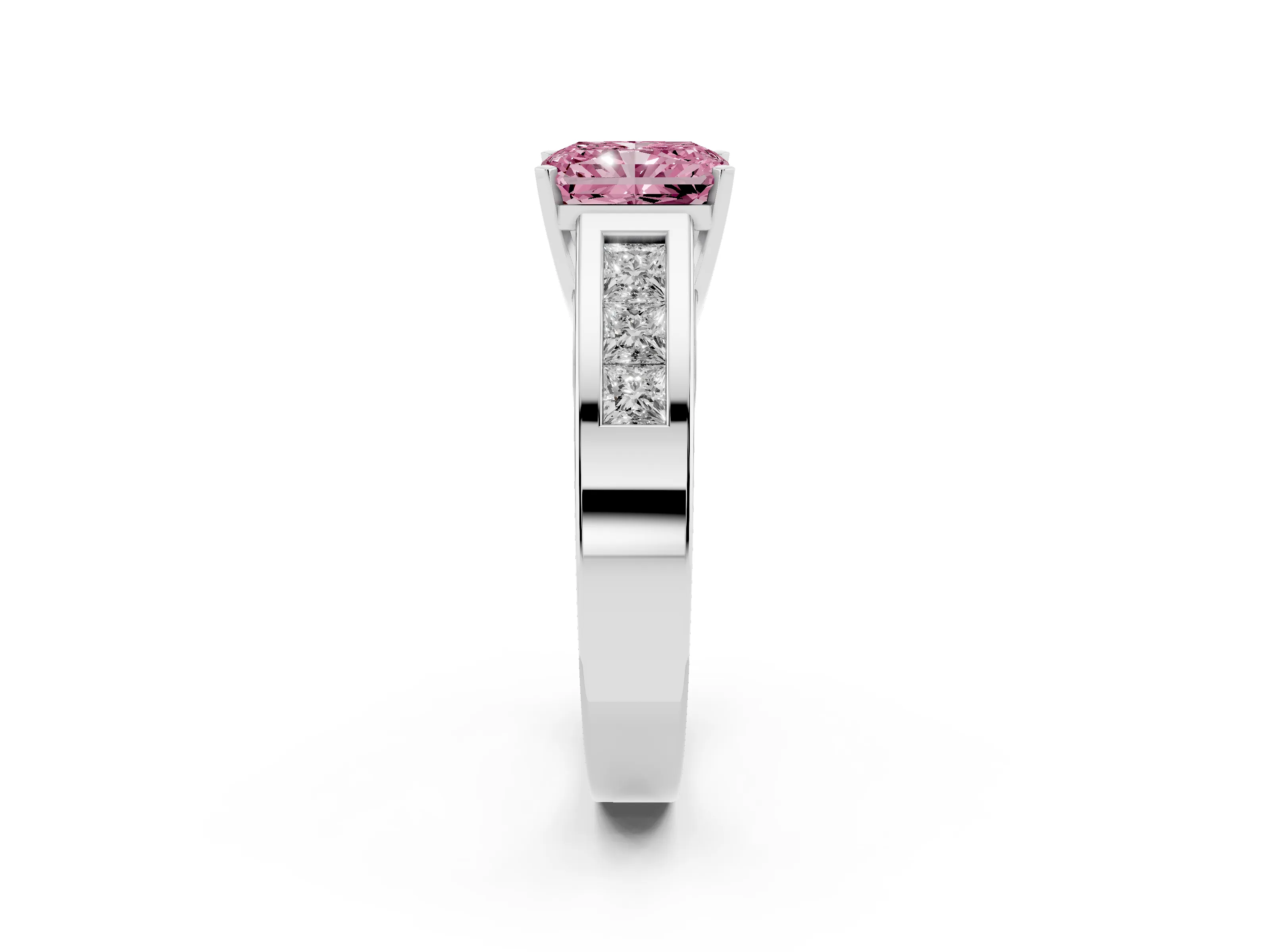 Fancy Pink Radiant Cut Diamond Solitaire Ring Set in Silver with Channel-Set Accent Stones and Prong Setting