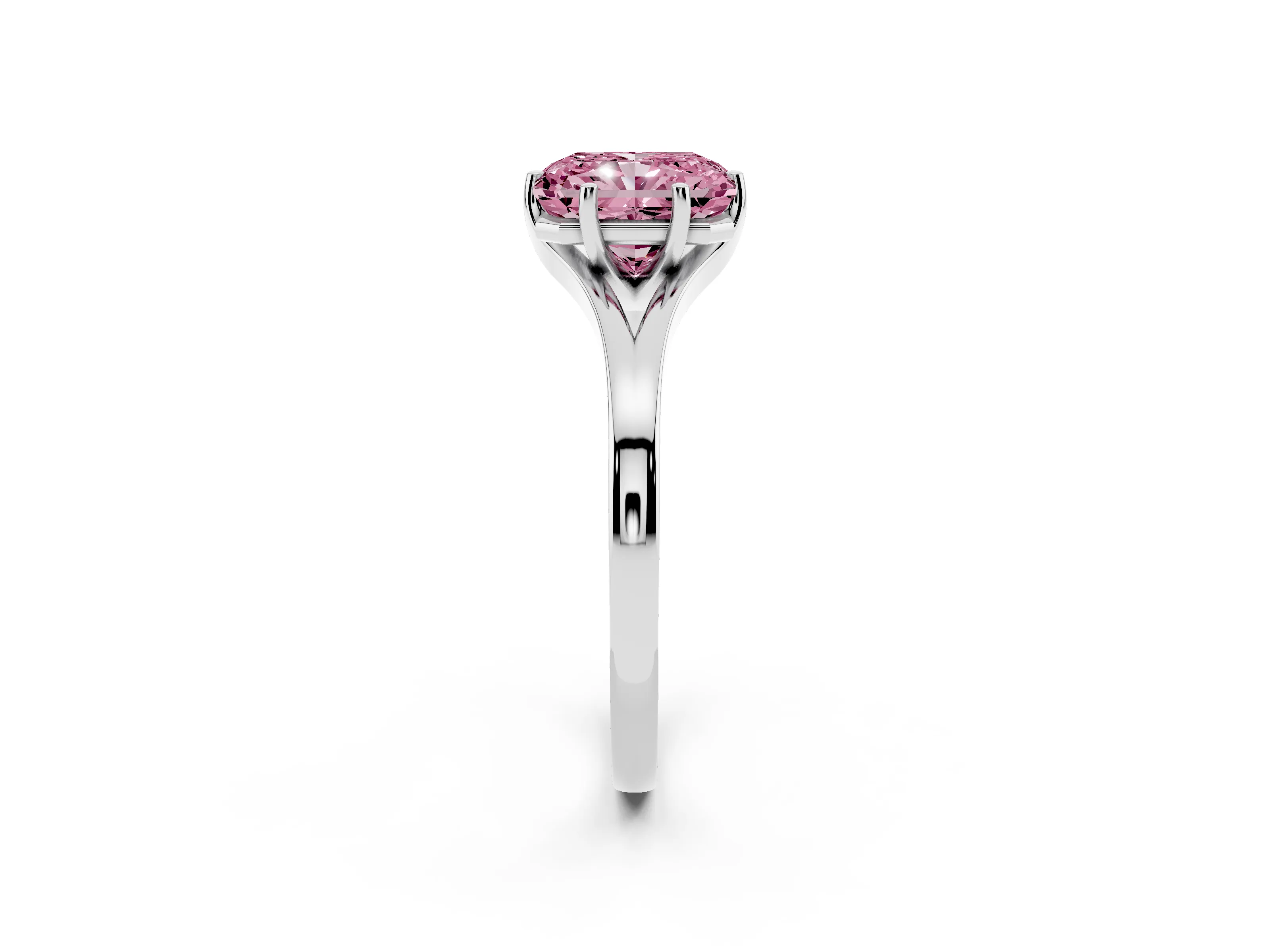 Fancy Pink Radiant Cut Diamond Solitaire Ring Set in Platinum with Polished Tapered Band and Prong Setting