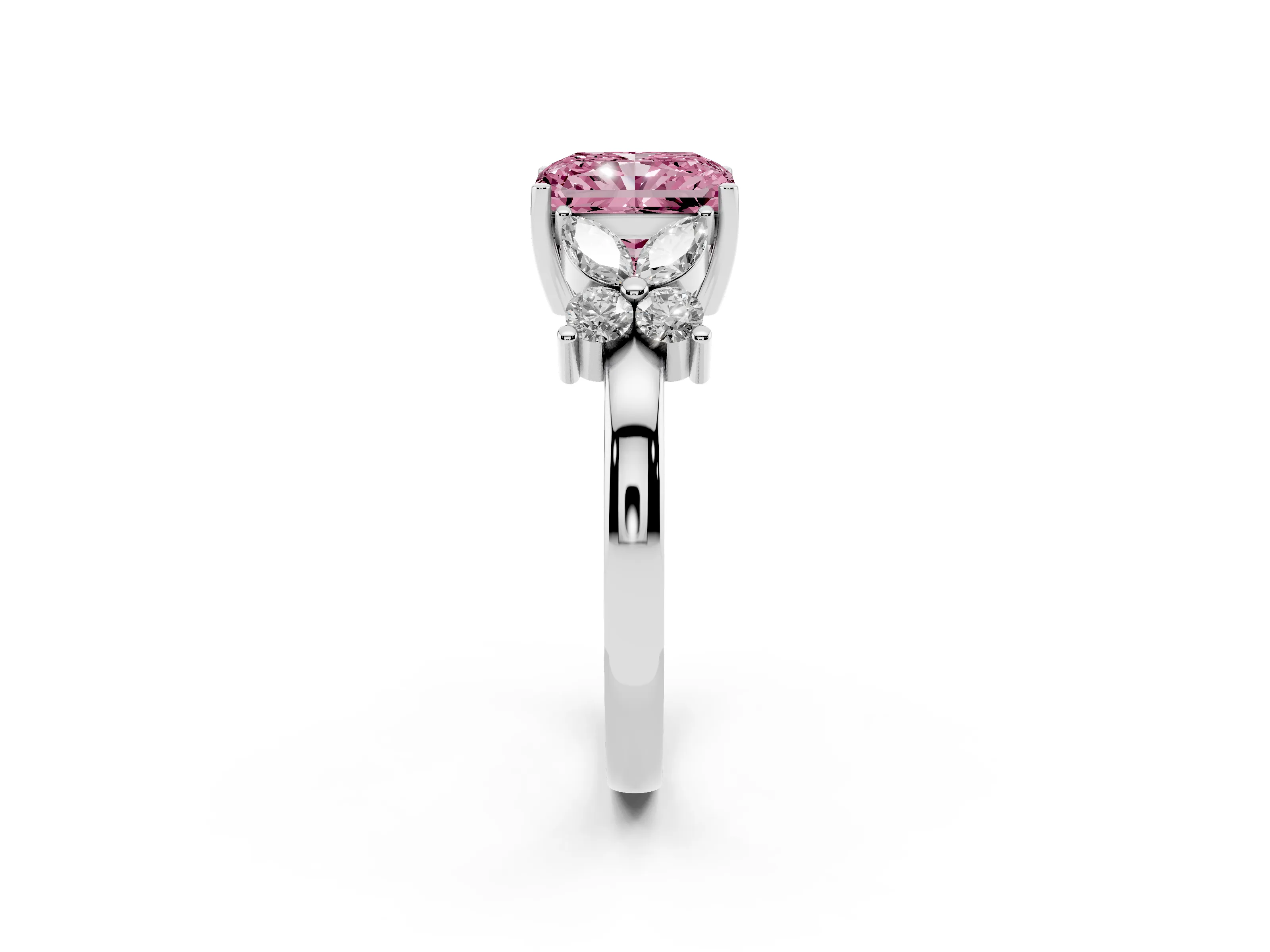 Fancy Pink Radiant Cut Diamond Floral Cluster Ring Set in Platinum with Marquise Petals and Prong Setting