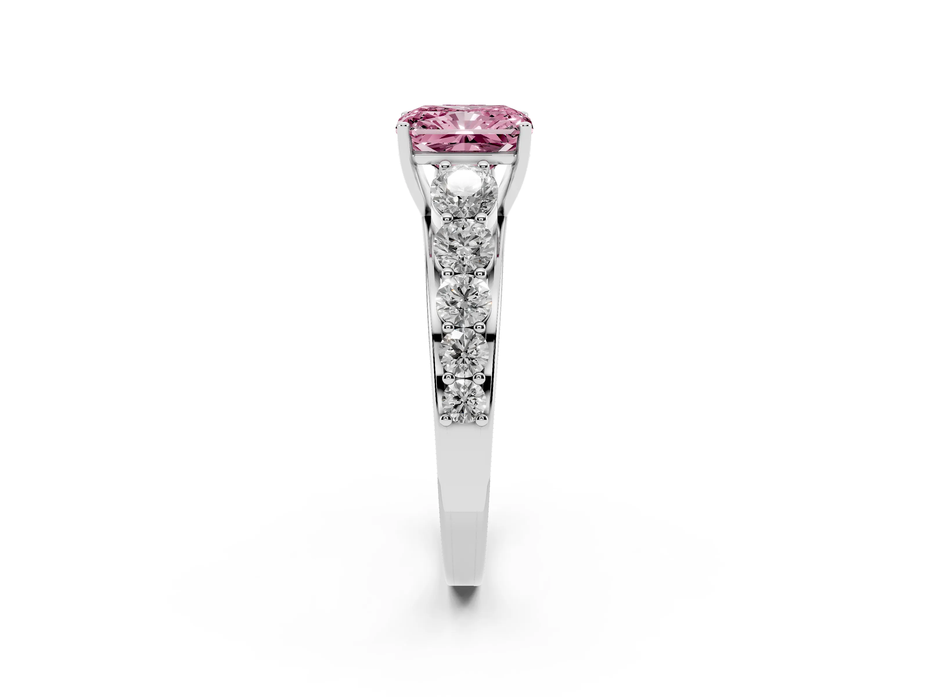 Fancy Pink Radiant Cut Diamond Solitaire Ring Set in White gold with Pavé-Set Band and Prong Setting