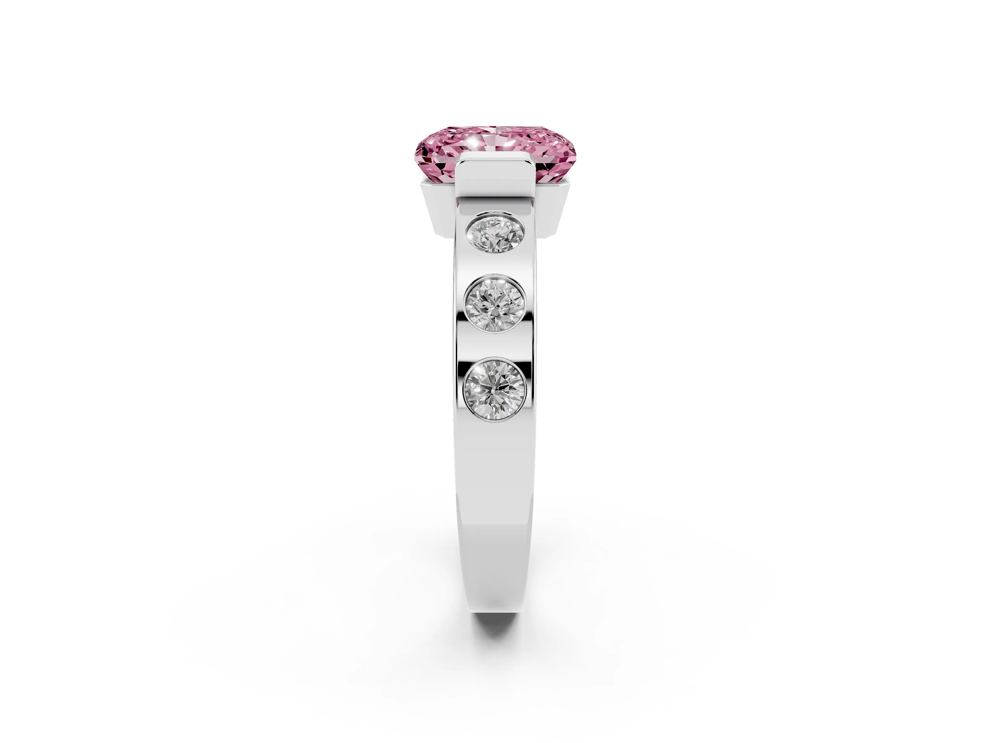 Fancy Pink Radiant Cut Diamond Channel-Set Band Ring Set in Silver with Bezel Prong Setting