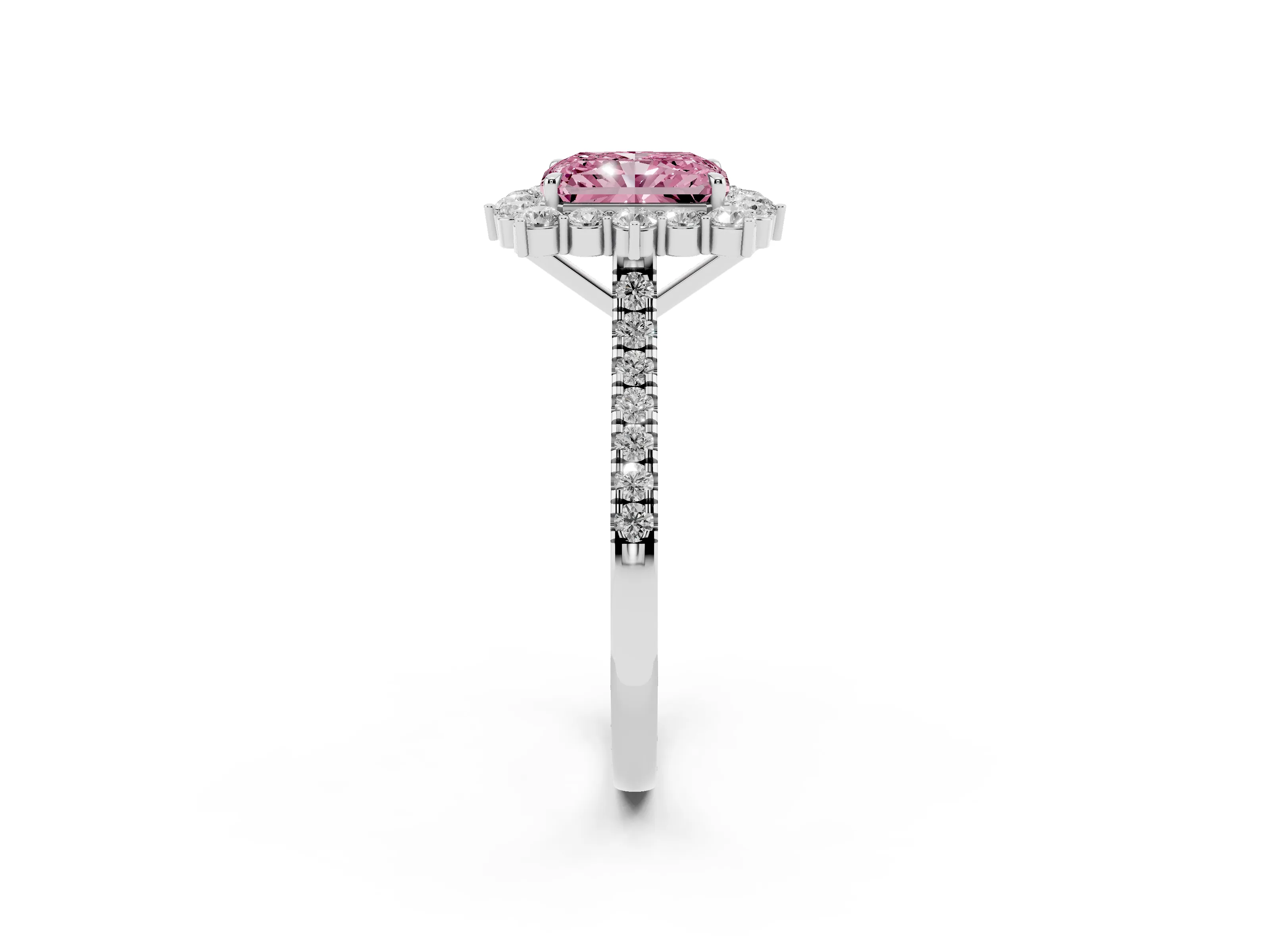 Fancy Pink Radiant Cut Diamond Halo Ring Set in White gold with Pavé Band and Prong Setting